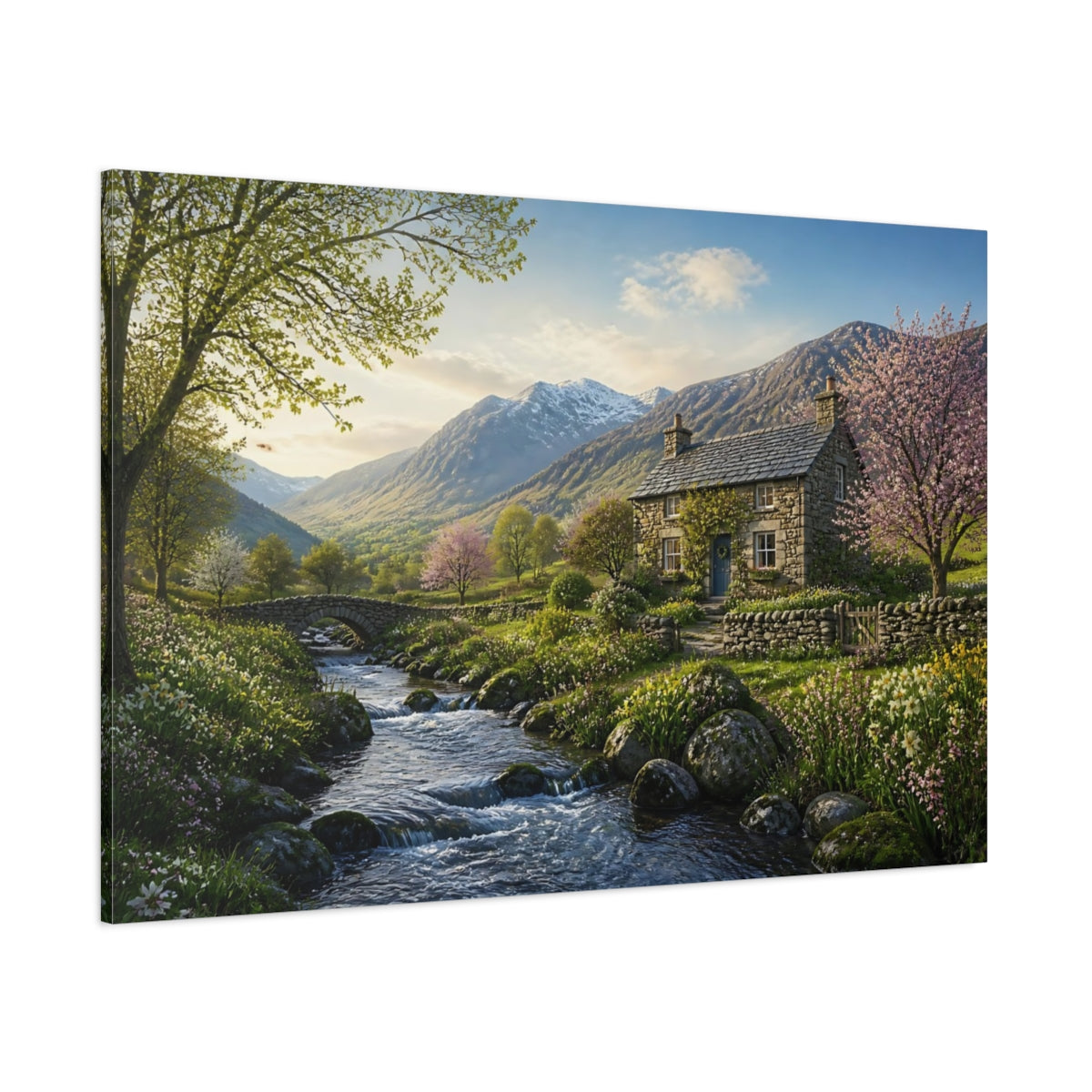 Side Mockup 1. Nature Mountain Valley Spring Mountain Valley shown as stretched canvas wall art