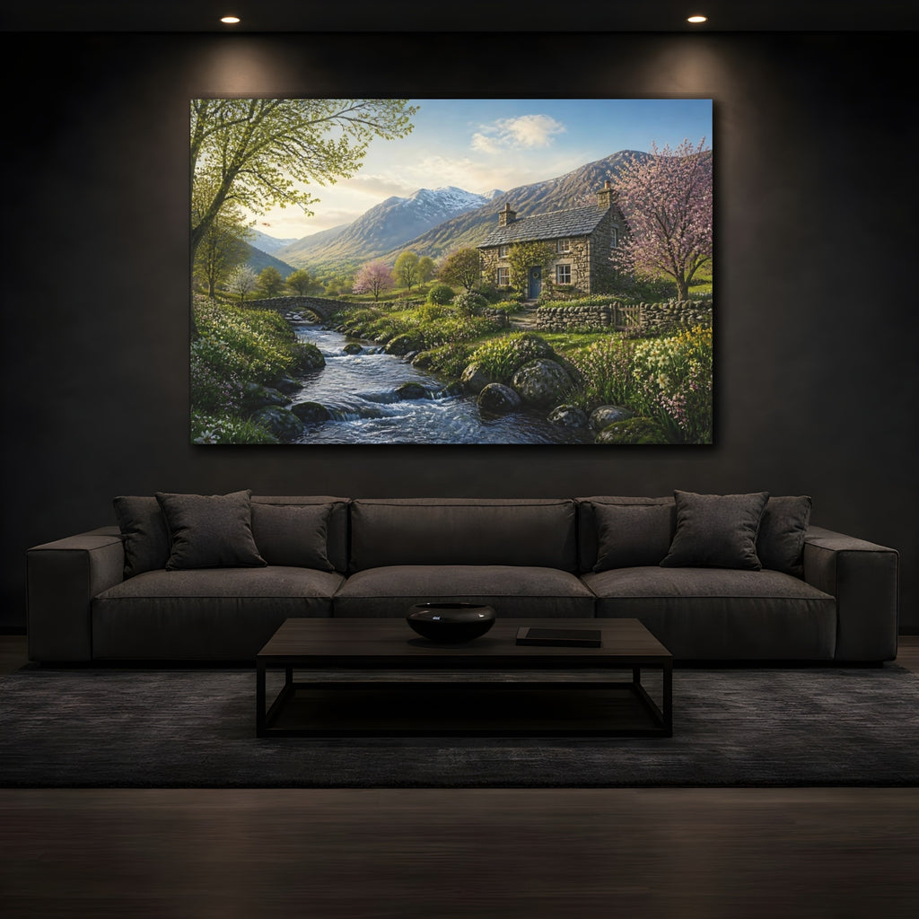 Mockup 3. Nature Mountain Valley Spring Mountain Valley shown as stretched canvas wall art