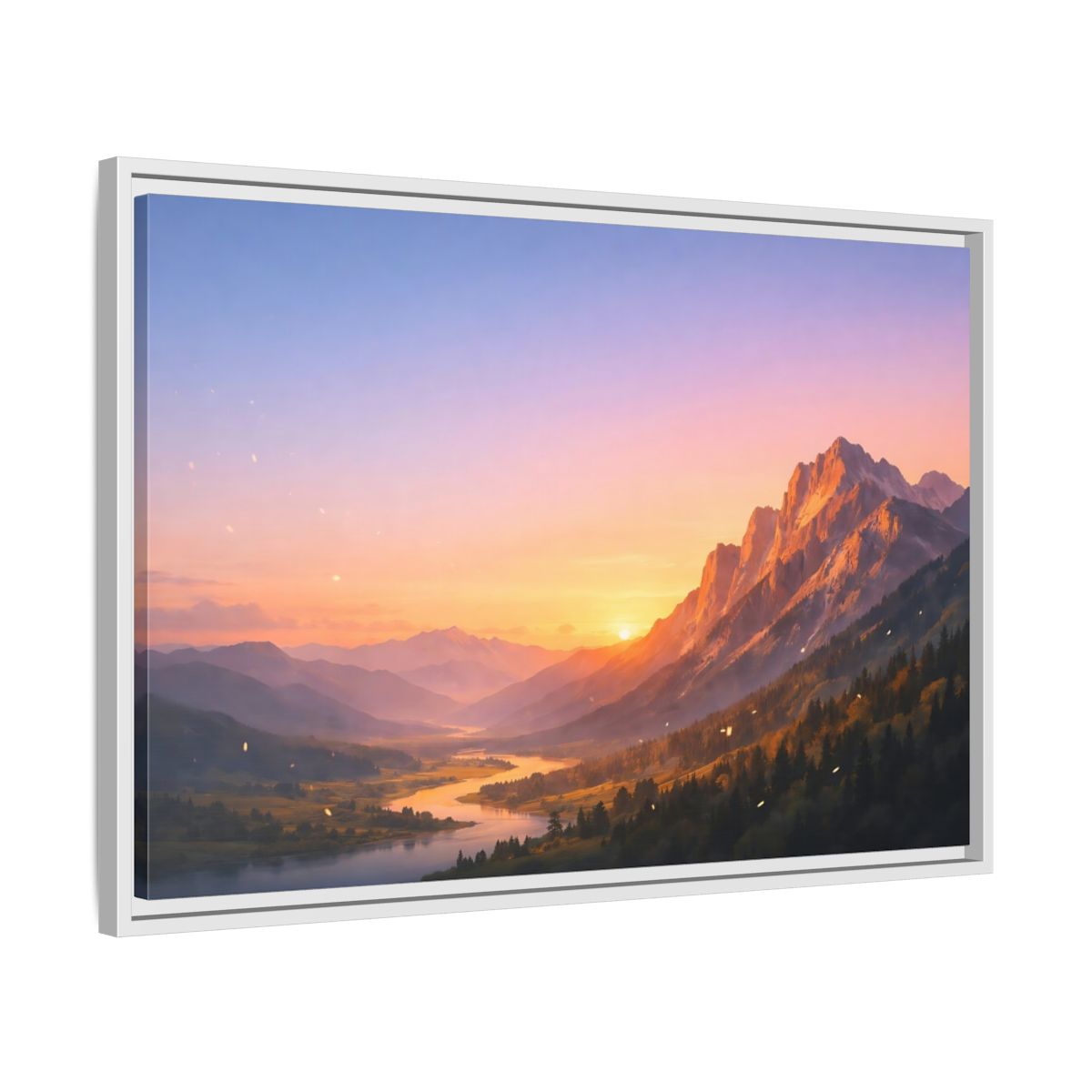 Side Mockup 10. Nature Mountain Valley Sunset Mountain Landscape shown as stretched canvas wall art