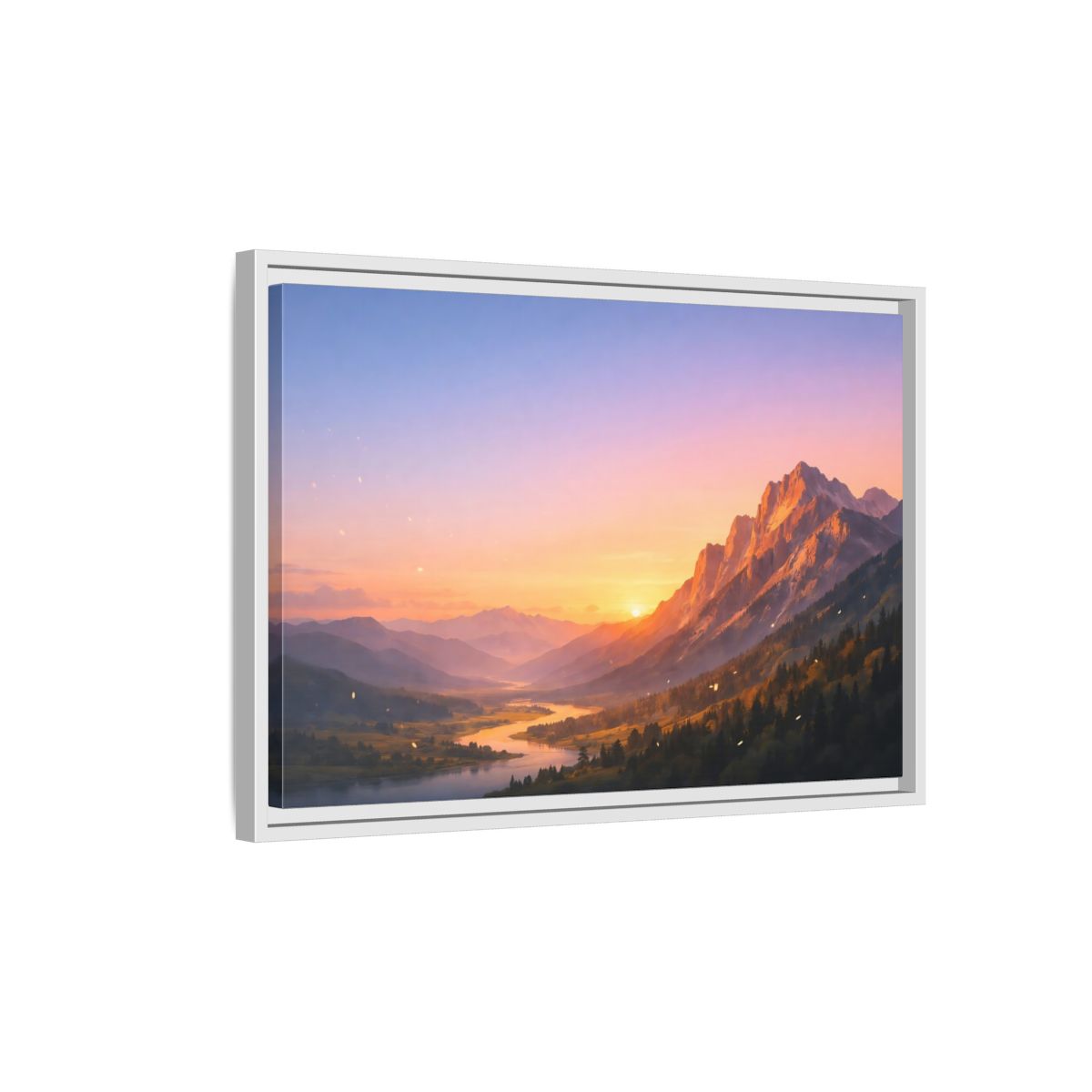 Side Mockup 1. Nature Mountain Valley Sunset Mountain Landscape shown as stretched canvas wall art