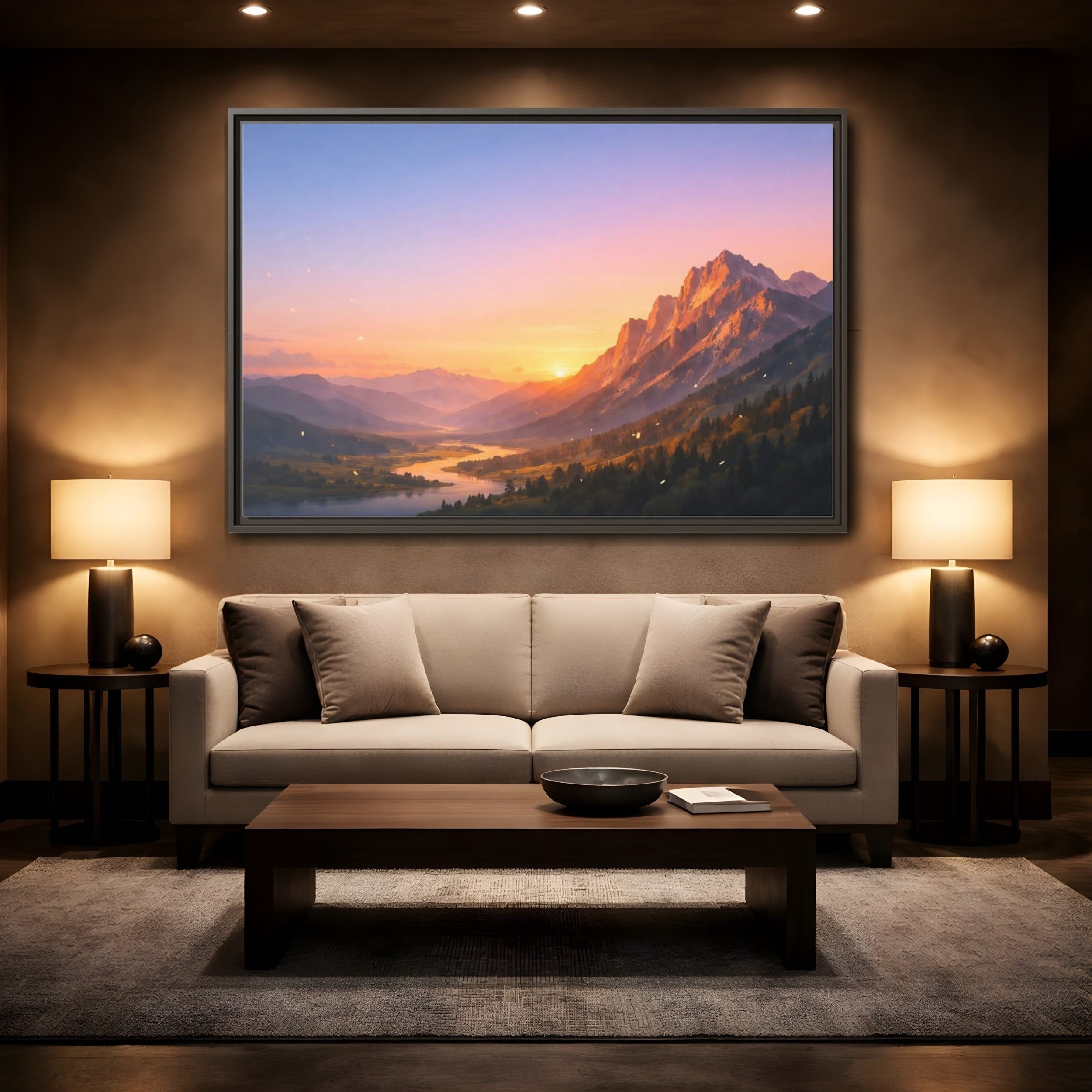 Mockup 2. Nature Mountain Valley Sunset Mountain Landscape shown as stretched canvas wall art