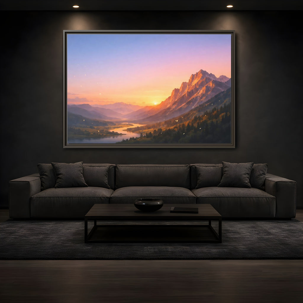 Mockup 3. Nature Mountain Valley Sunset Mountain Landscape shown as stretched canvas wall art