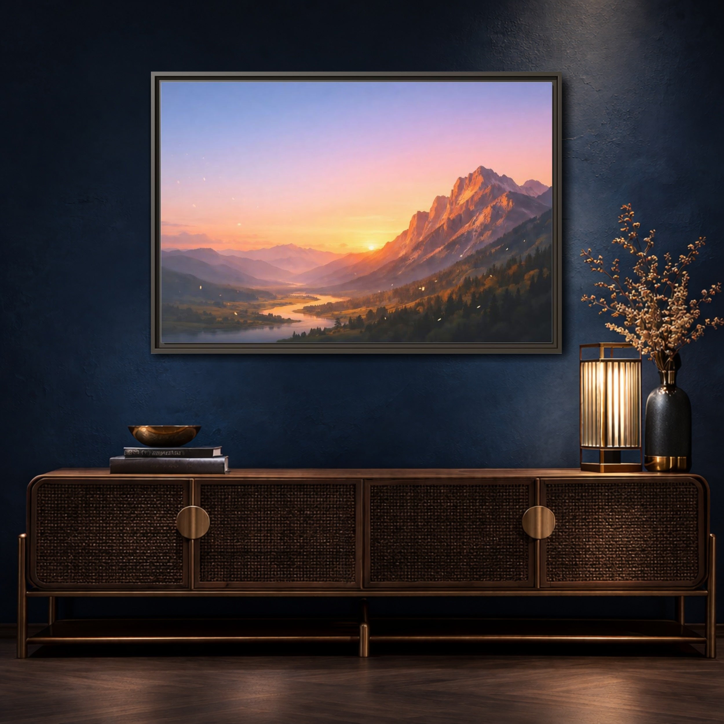 Mockup 4. Nature Mountain Valley Sunset Mountain Landscape shown as stretched canvas wall art
