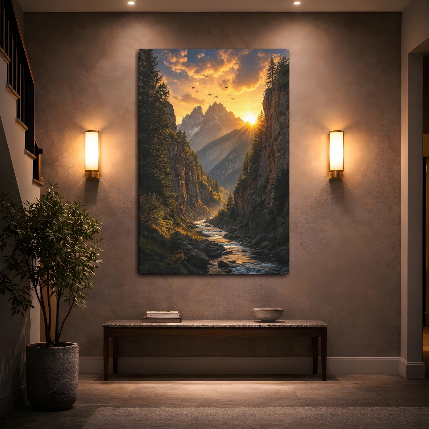 Mockup 2. Nature Mountain Valley Sunset Mountain River shown as stretched canvas wall art