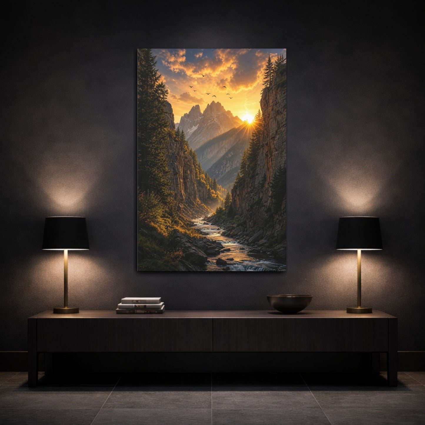 Mockup 3. Nature Mountain Valley Sunset Mountain River shown as stretched canvas wall art
