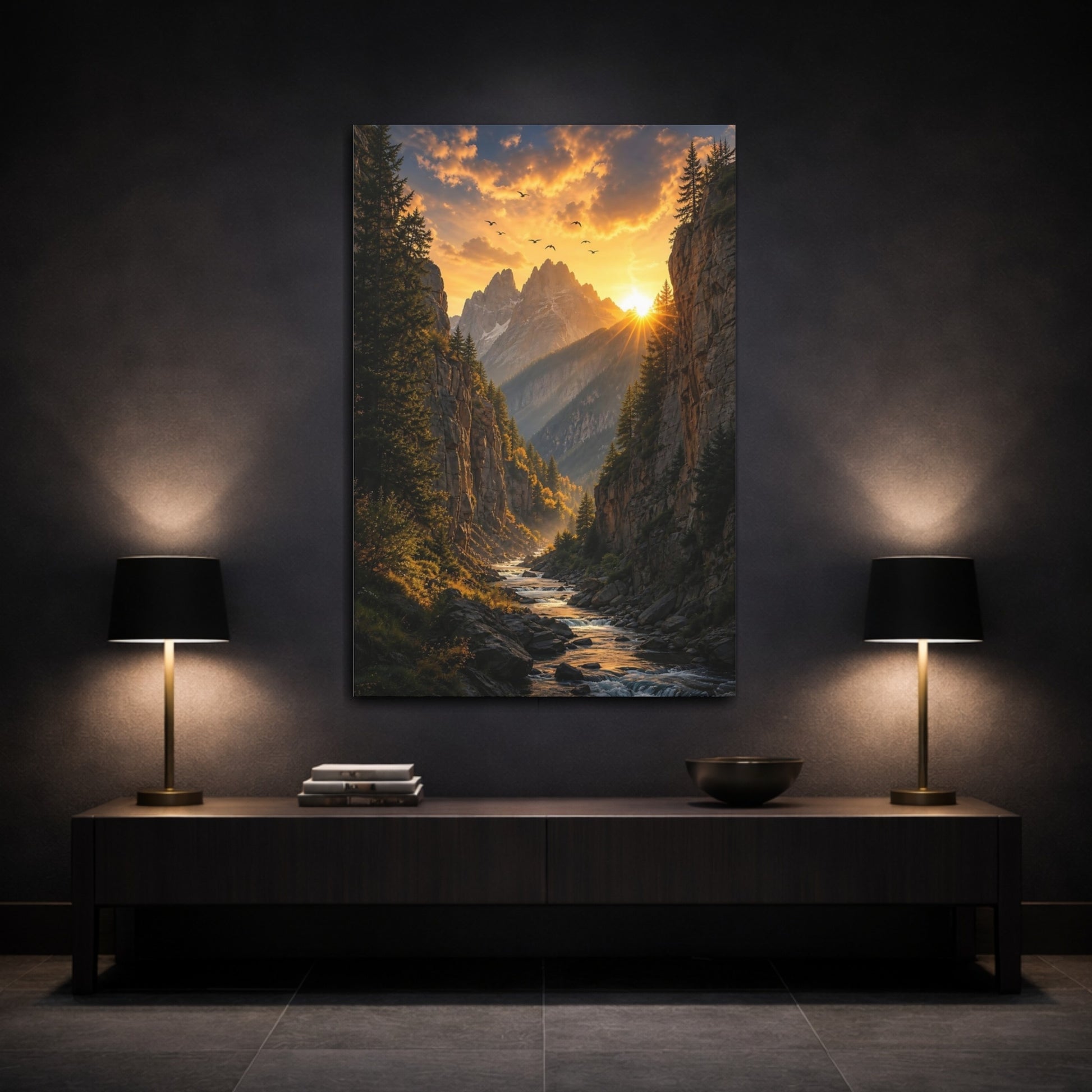 Mockup 3. Nature Mountain Valley Sunset Mountain River shown as stretched canvas wall art