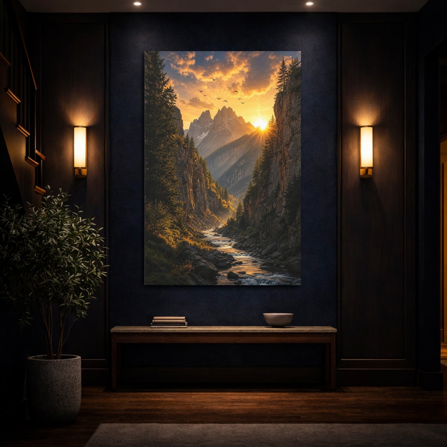 Mockup 4. Nature Mountain Valley Sunset Mountain River shown as stretched canvas wall art
