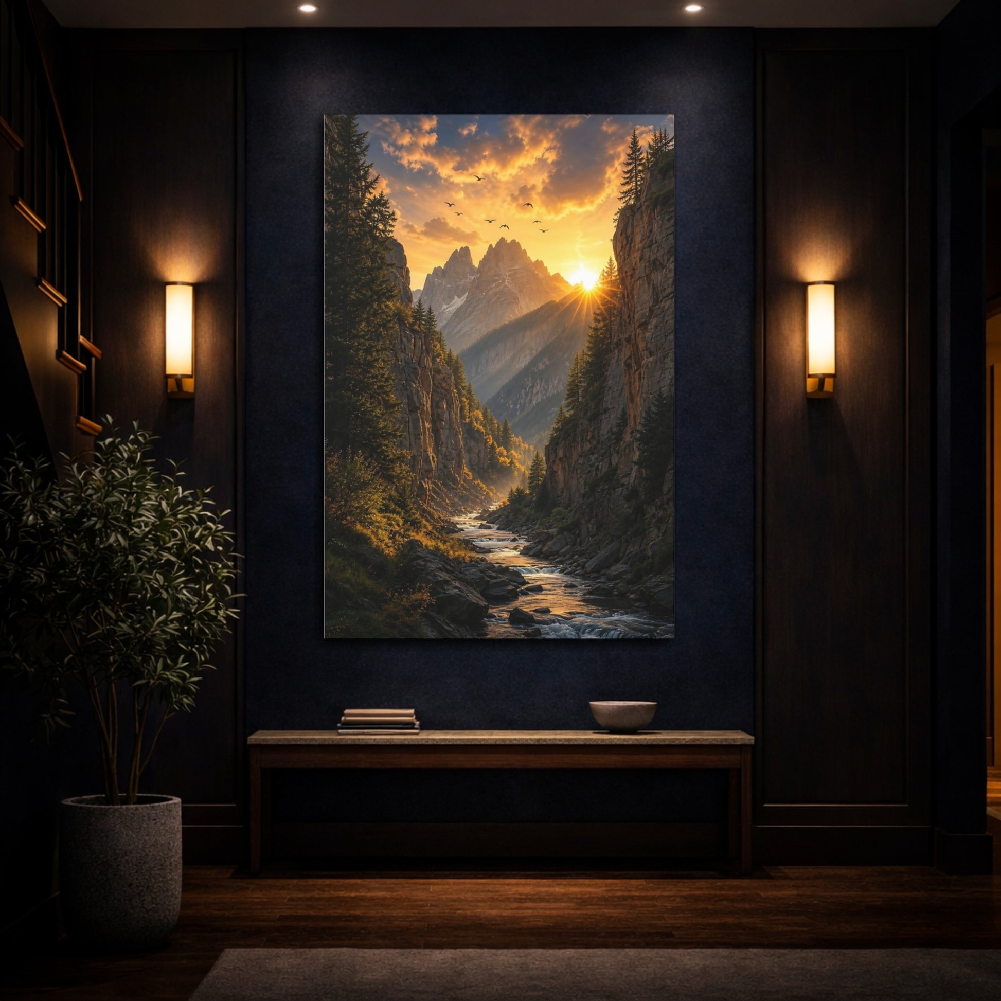 Mockup 4. Nature Mountain Valley Sunset Mountain River shown as stretched canvas wall art