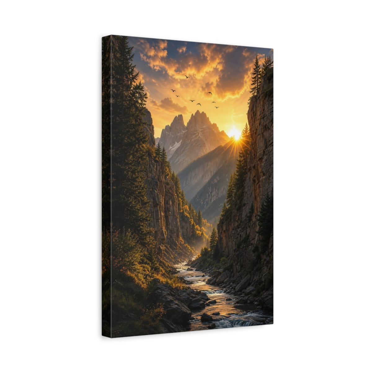 Side Mockup 4. Nature Mountain Valley Sunset Mountain River shown as stretched canvas wall art