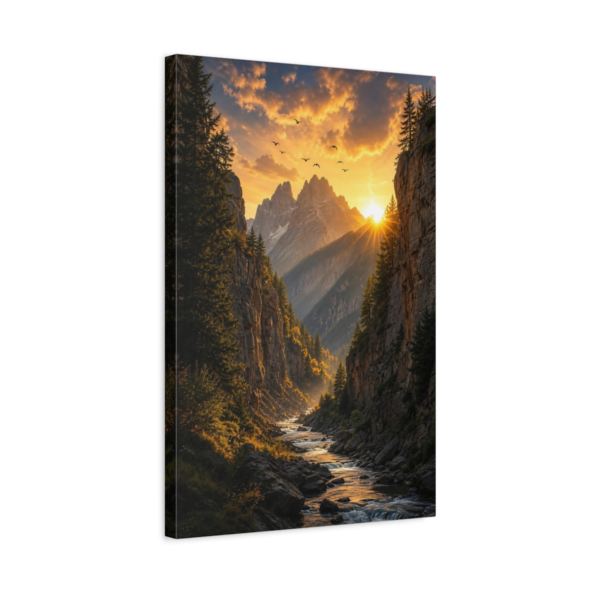 Side Mockup 3. Nature Mountain Valley Sunset Mountain River shown as stretched canvas wall art