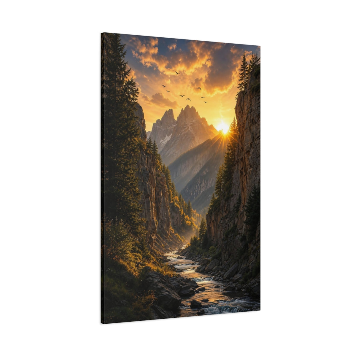 Side Mockup 1. Nature Mountain Valley Sunset Mountain River shown as stretched canvas wall art
