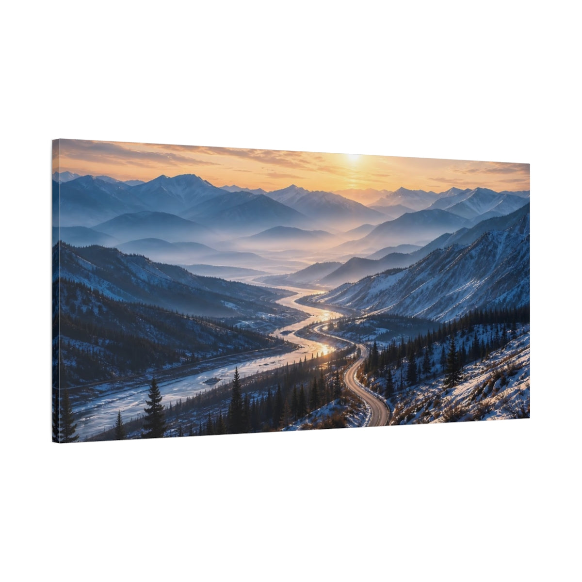Main Mockup. Nature Mountain Valley Winter Sunset shown as stretched canvas wall art