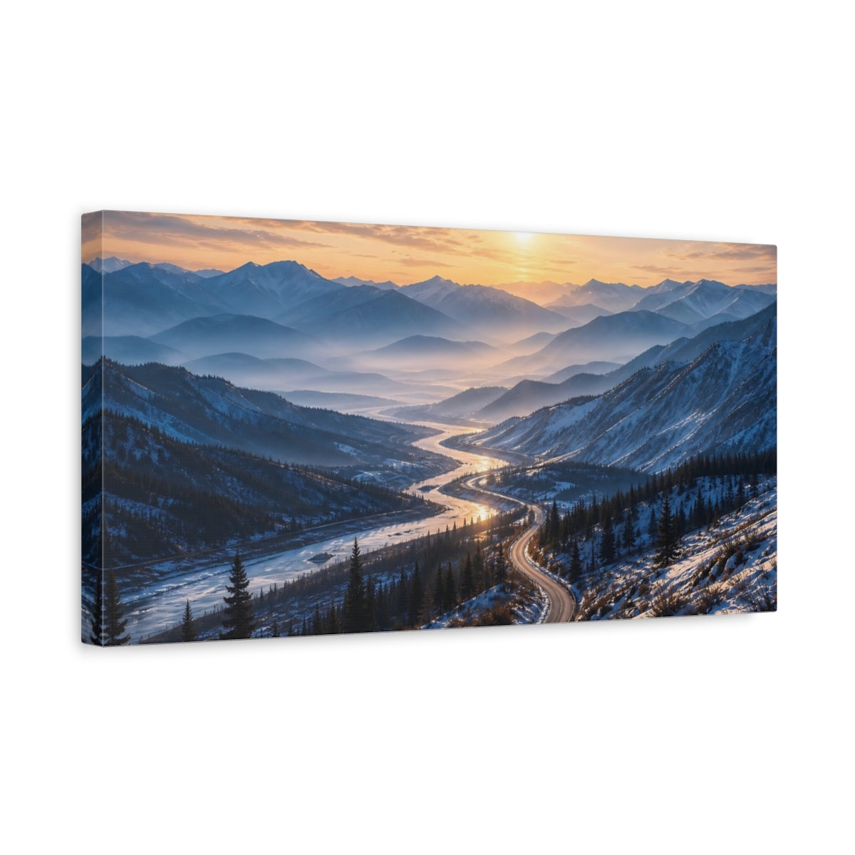 Side Mockup 3. Nature Mountain Valley Winter Sunset shown as stretched canvas wall art