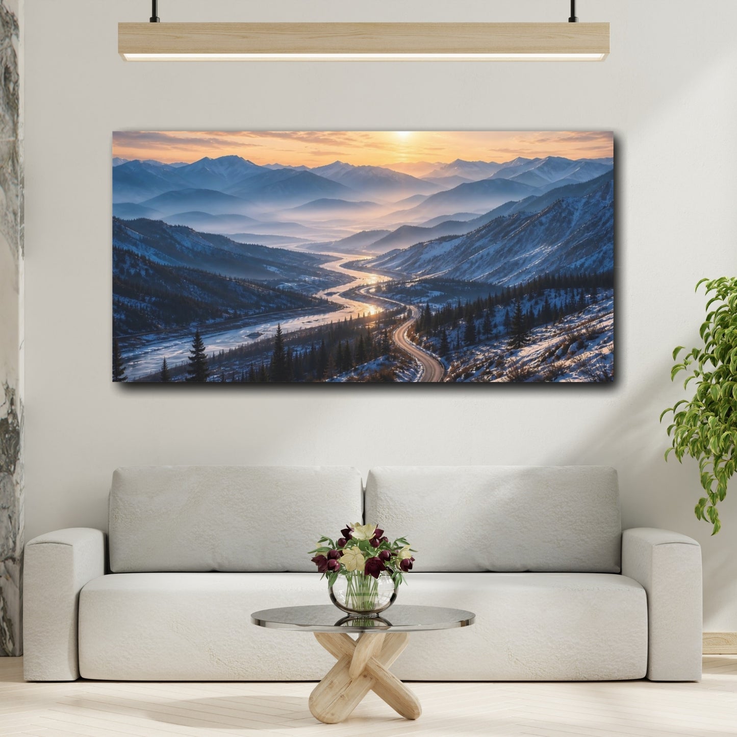 Mockup 2. Nature Mountain Valley Winter Sunset shown as stretched canvas wall art