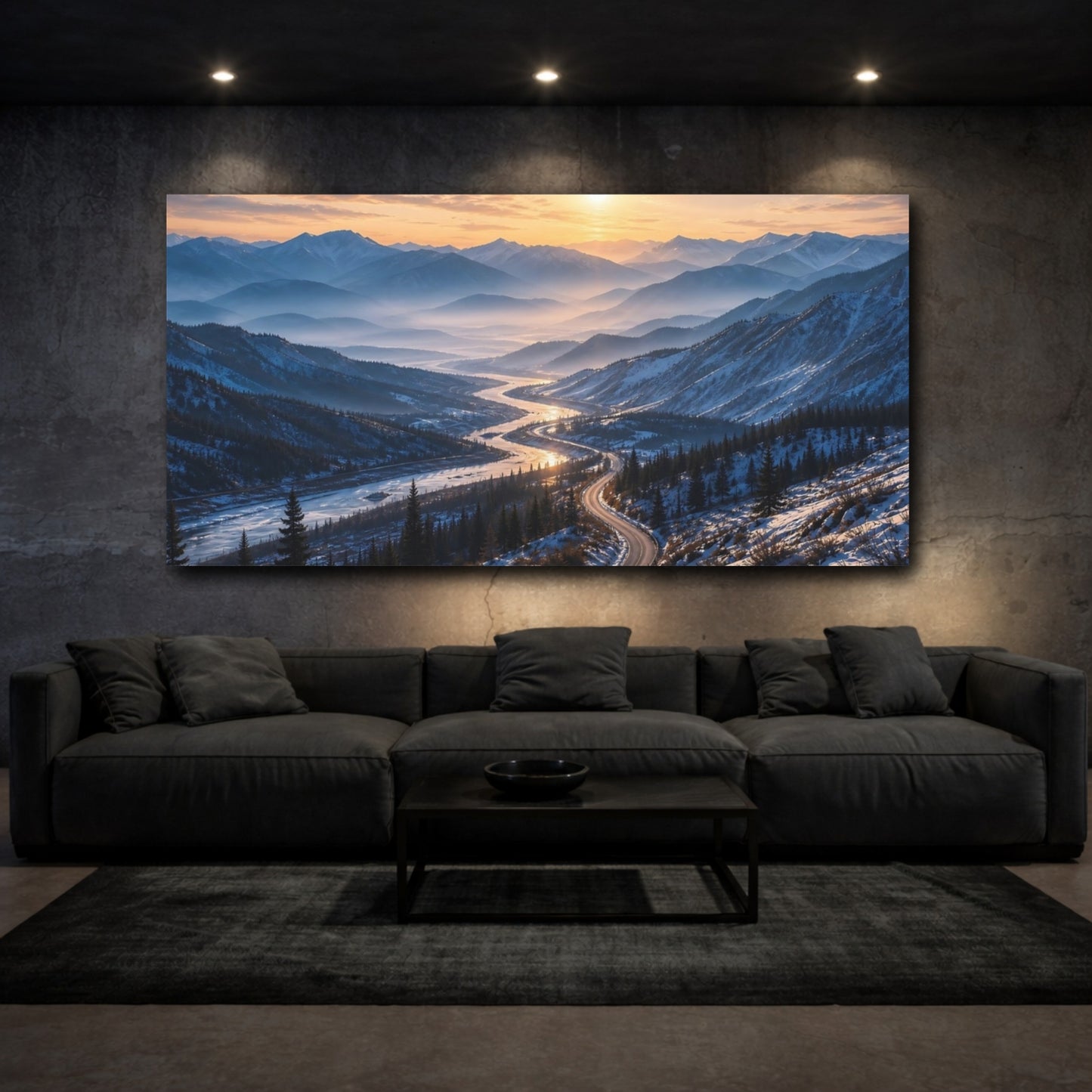 Mockup 3. Nature Mountain Valley Winter Sunset shown as stretched canvas wall art
