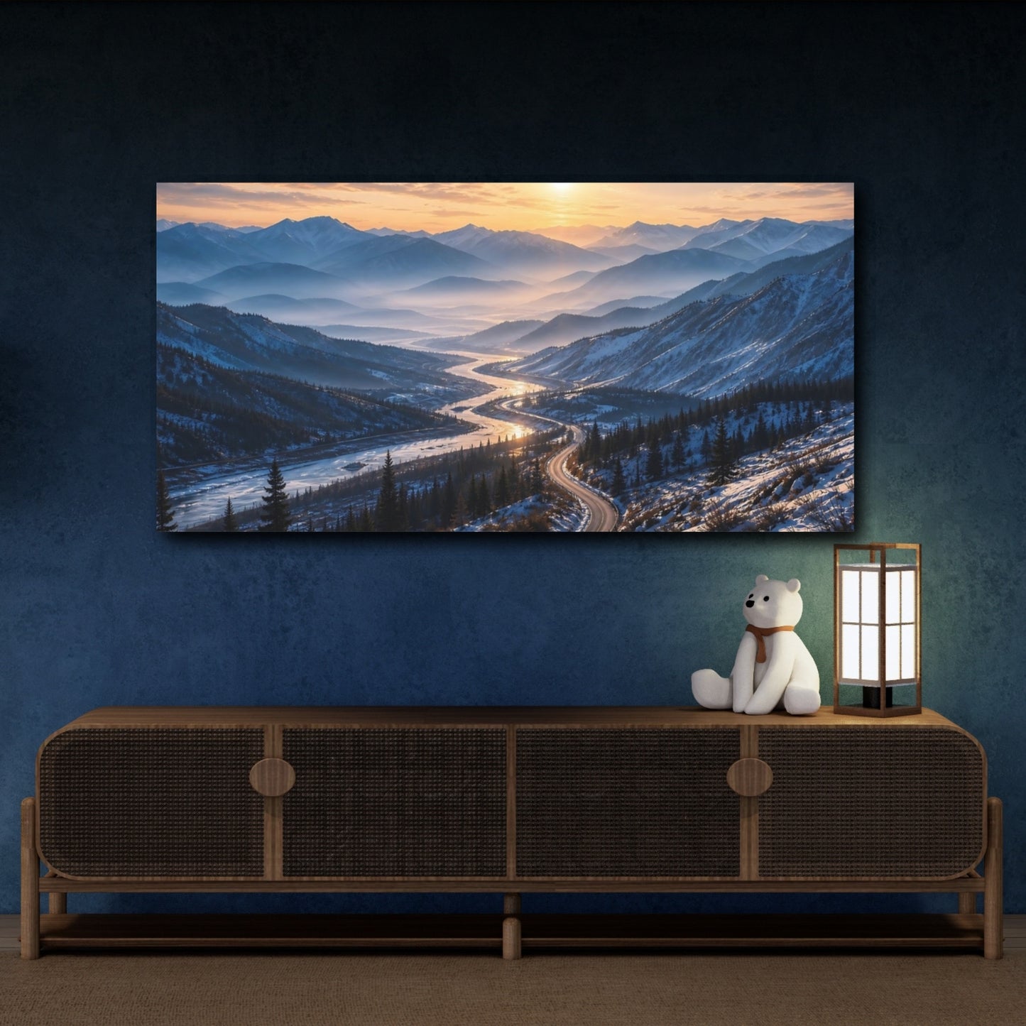 Mockup 4. Nature Mountain Valley Winter Sunset shown as stretched canvas wall art