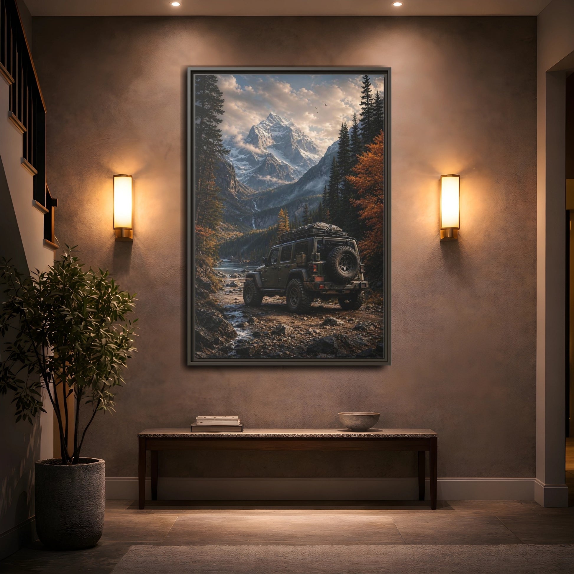 Nature Mountain Vehicle Autumn Drive Framed Canvas Wall Art - Living Room, Above Sofa shown as canvas wall art