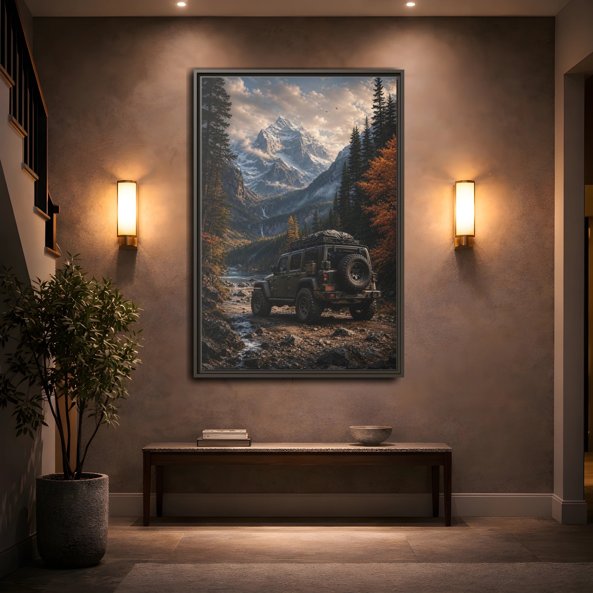 Mockup 2. Nature Mountain Vehicle Autumn Mountain Drive shown as stretched canvas wall art