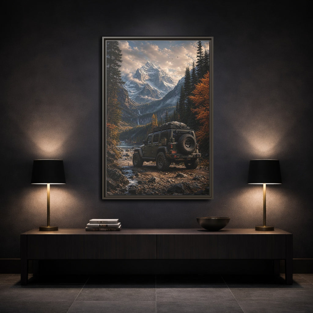 Mockup 3. Nature Mountain Vehicle Autumn Mountain Drive shown as stretched canvas wall art