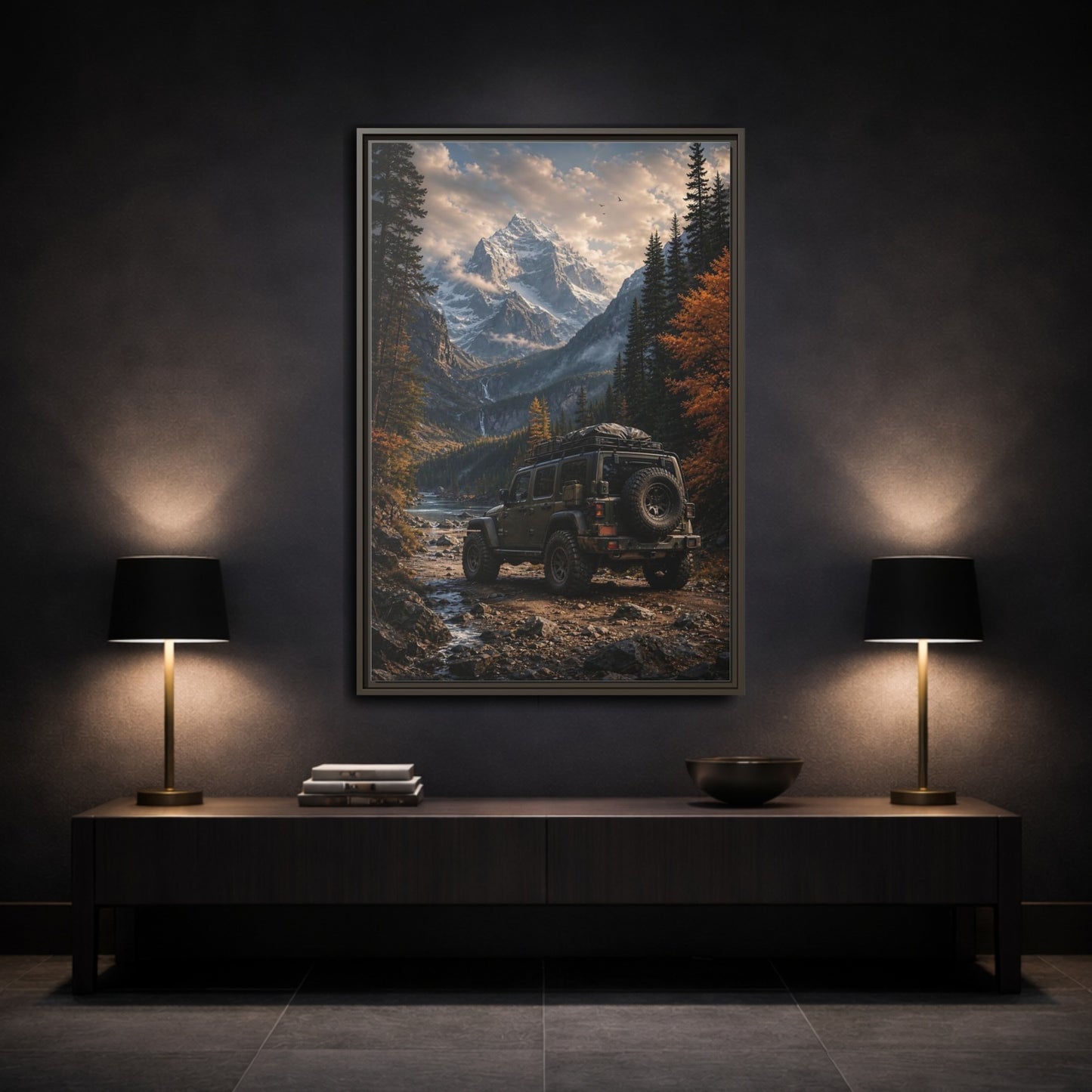 Nature Mountain Vehicle Autumn Drive Framed Canvas Wall Art - Living Room, Above Sofa shown as canvas wall art
