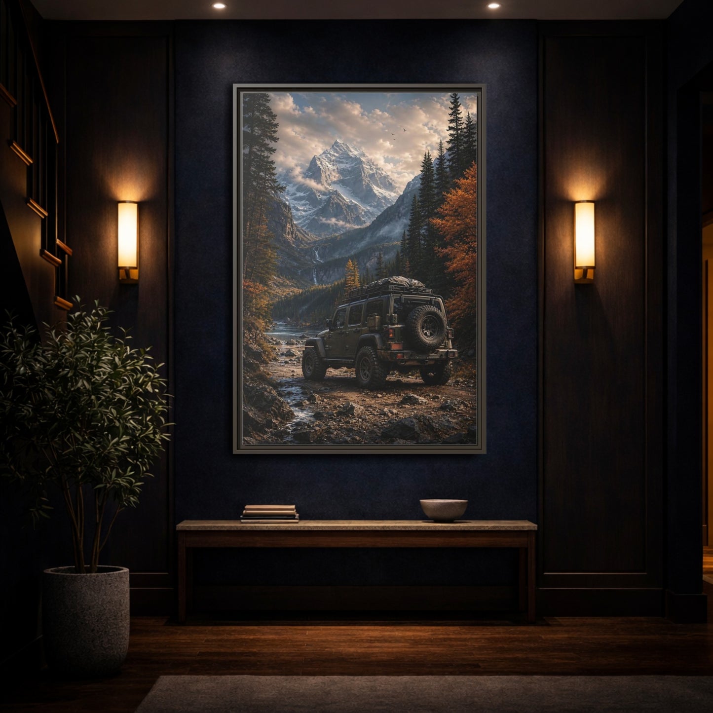 Nature Mountain Vehicle Autumn Drive Framed Canvas Wall Art - Living Room, Above Sofa shown as canvas wall art