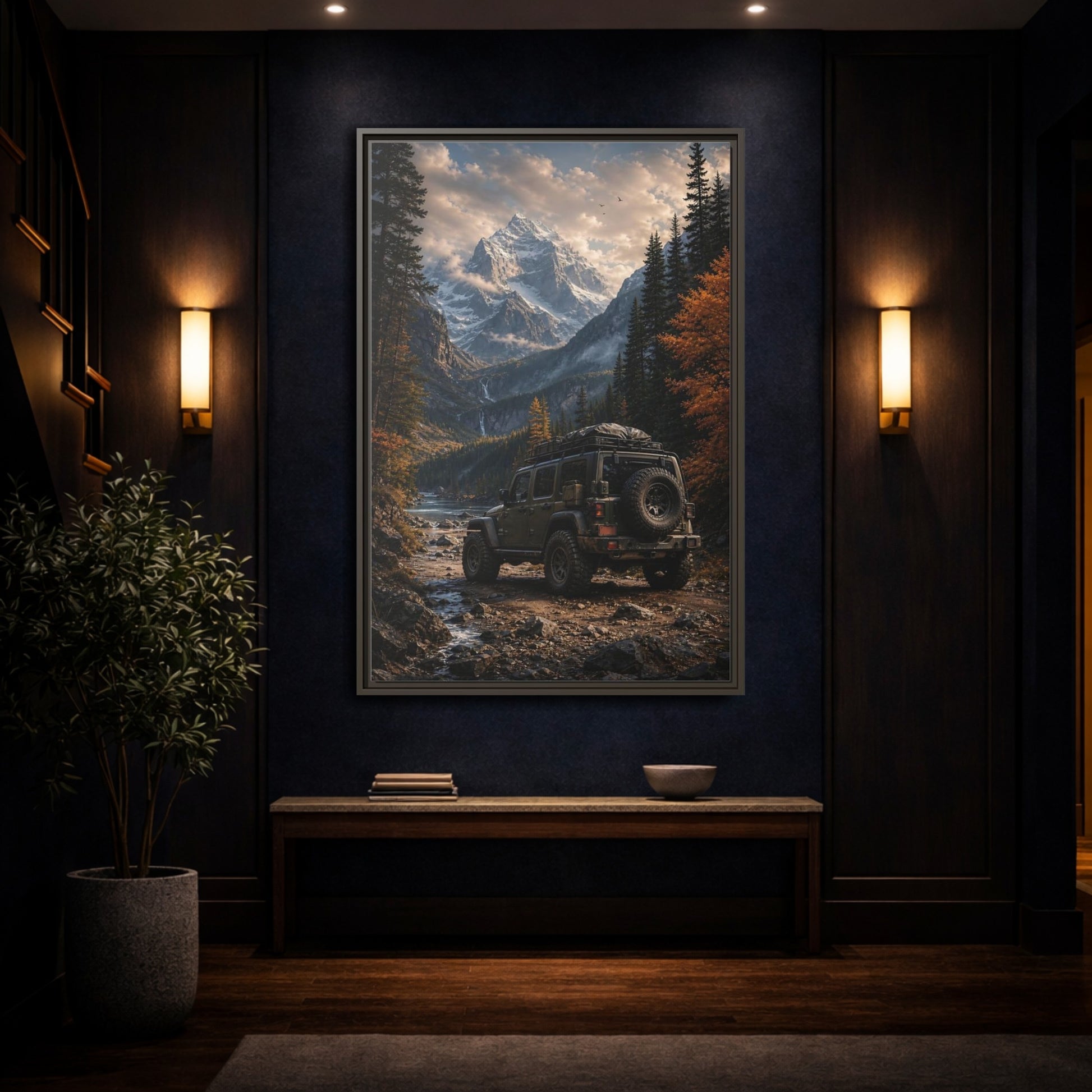 Nature Mountain Vehicle Autumn Drive Framed Canvas Wall Art - Living Room, Above Sofa shown as canvas wall art