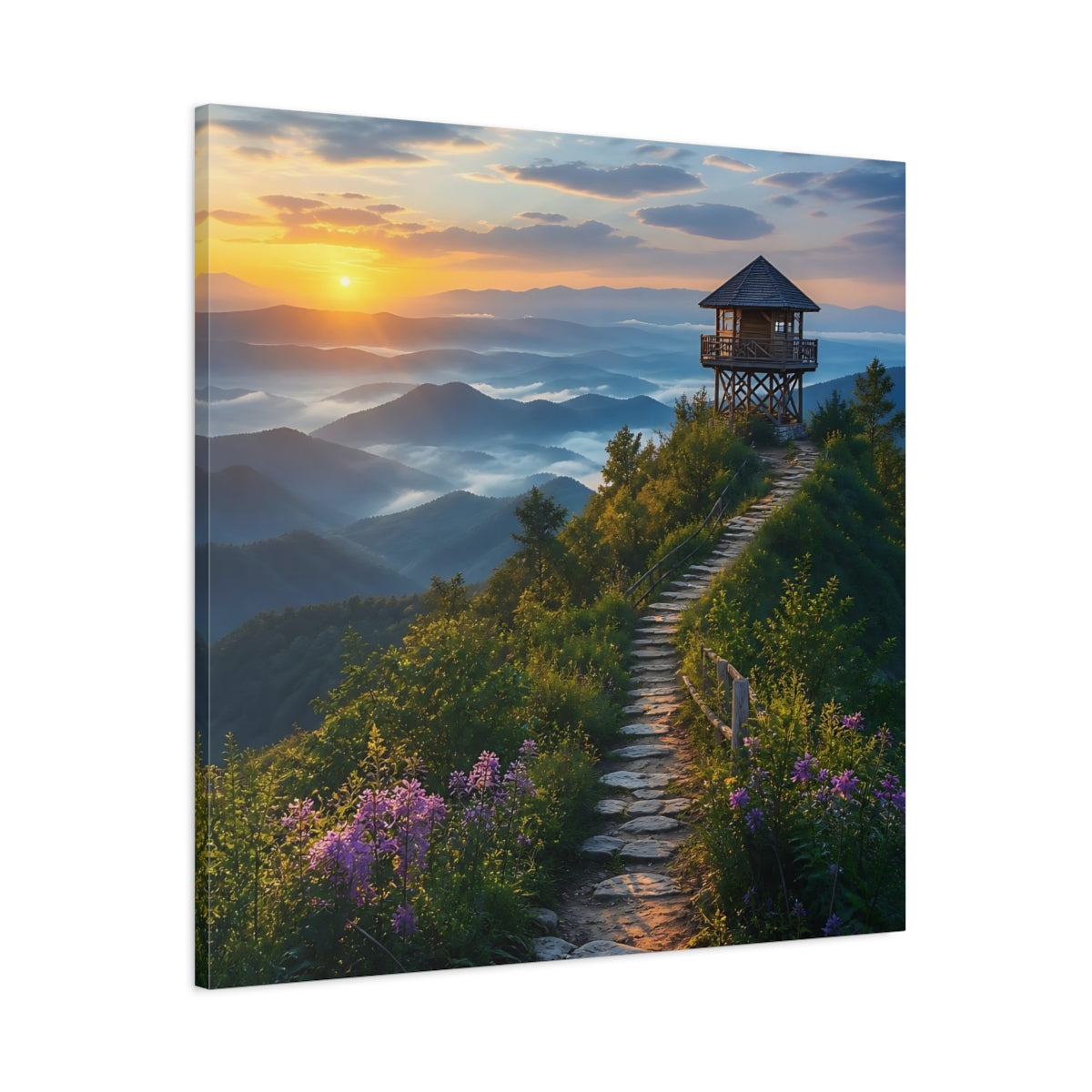 Main Mockup. Nature Mountain View Sunrise Mountain Path shown as stretched canvas wall art
