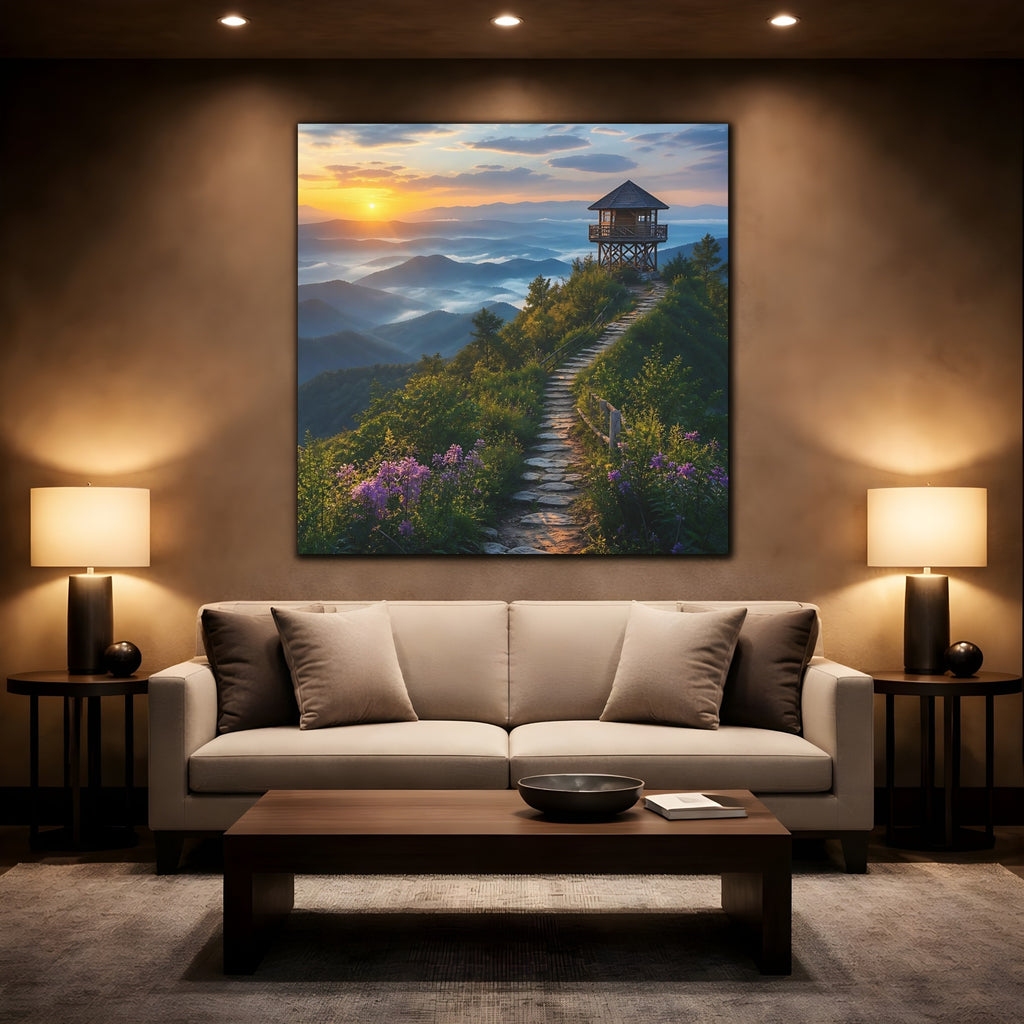 Mockup 2. Nature Mountain View Sunrise Mountain Path shown as stretched canvas wall art