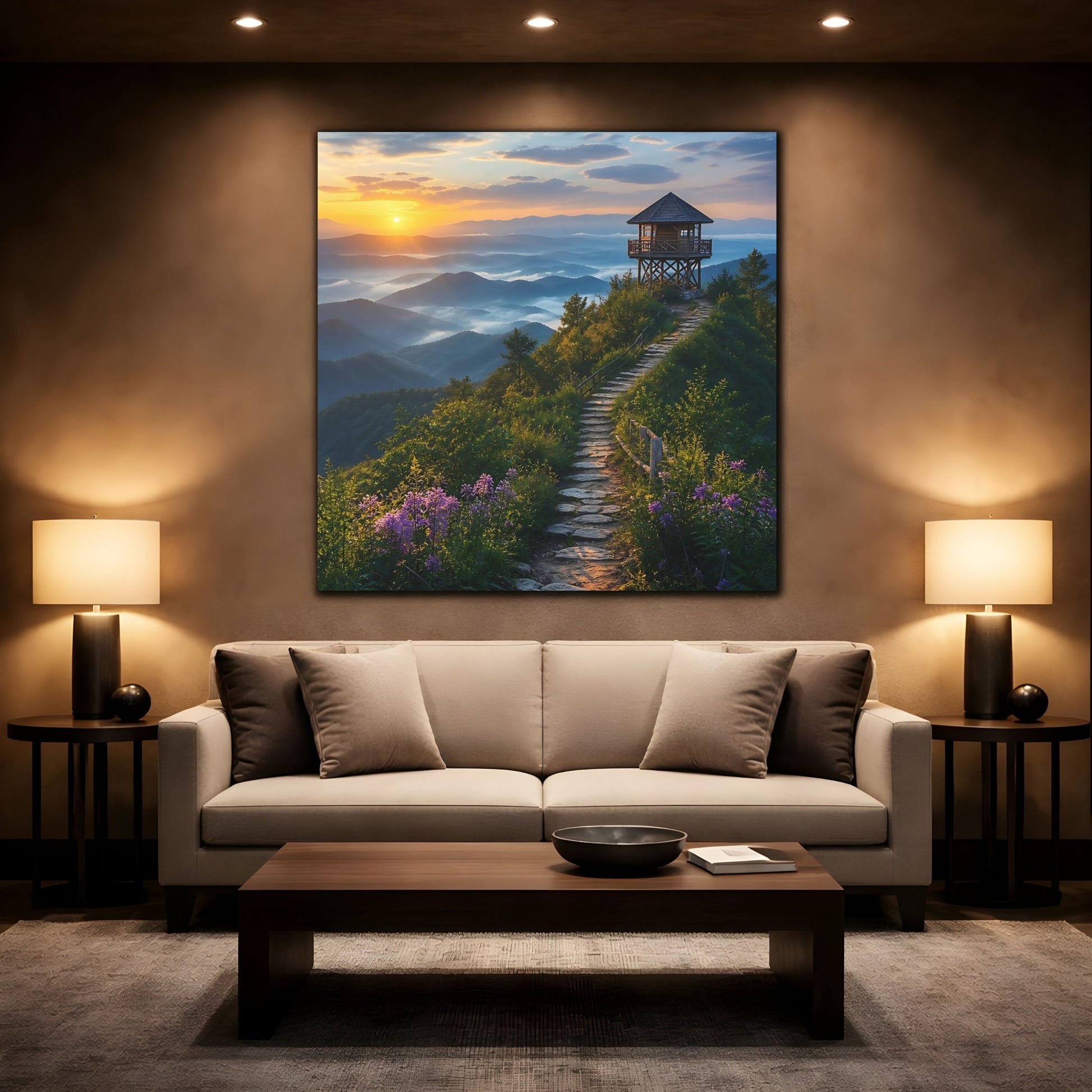 Mockup 2. Nature Mountain View Sunrise Mountain Path shown as stretched canvas wall art
