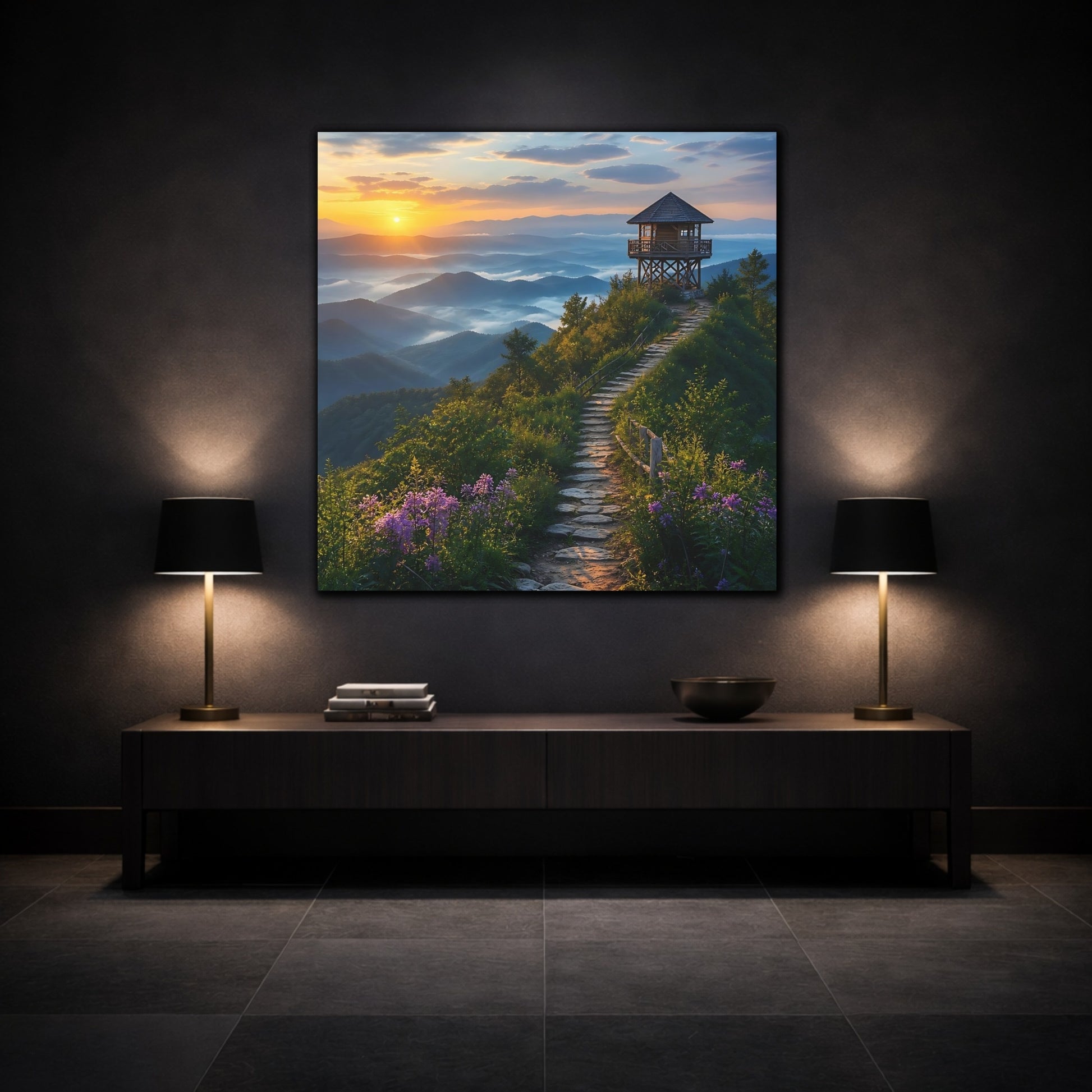 Mockup 3. Nature Mountain View Sunrise Mountain Path shown as stretched canvas wall art