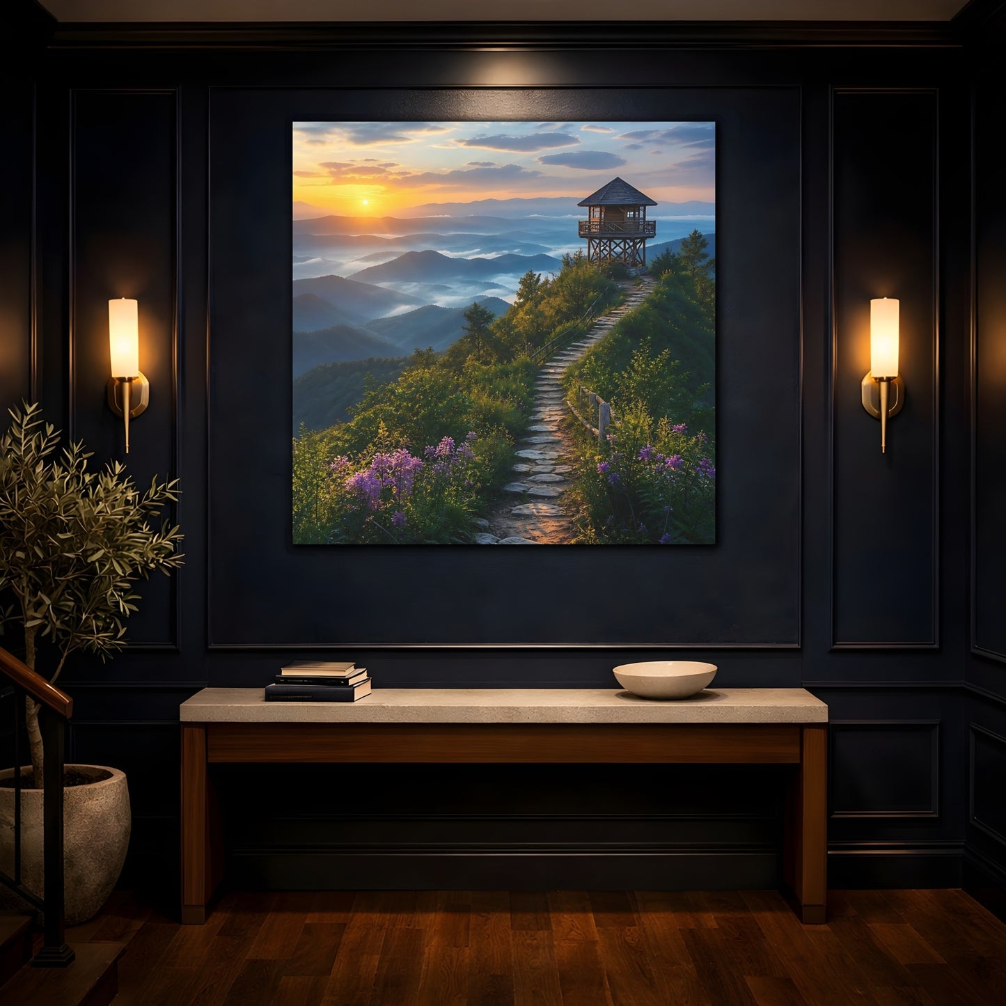 Mockup 4. Nature Mountain View Sunrise Mountain Path shown as stretched canvas wall art
