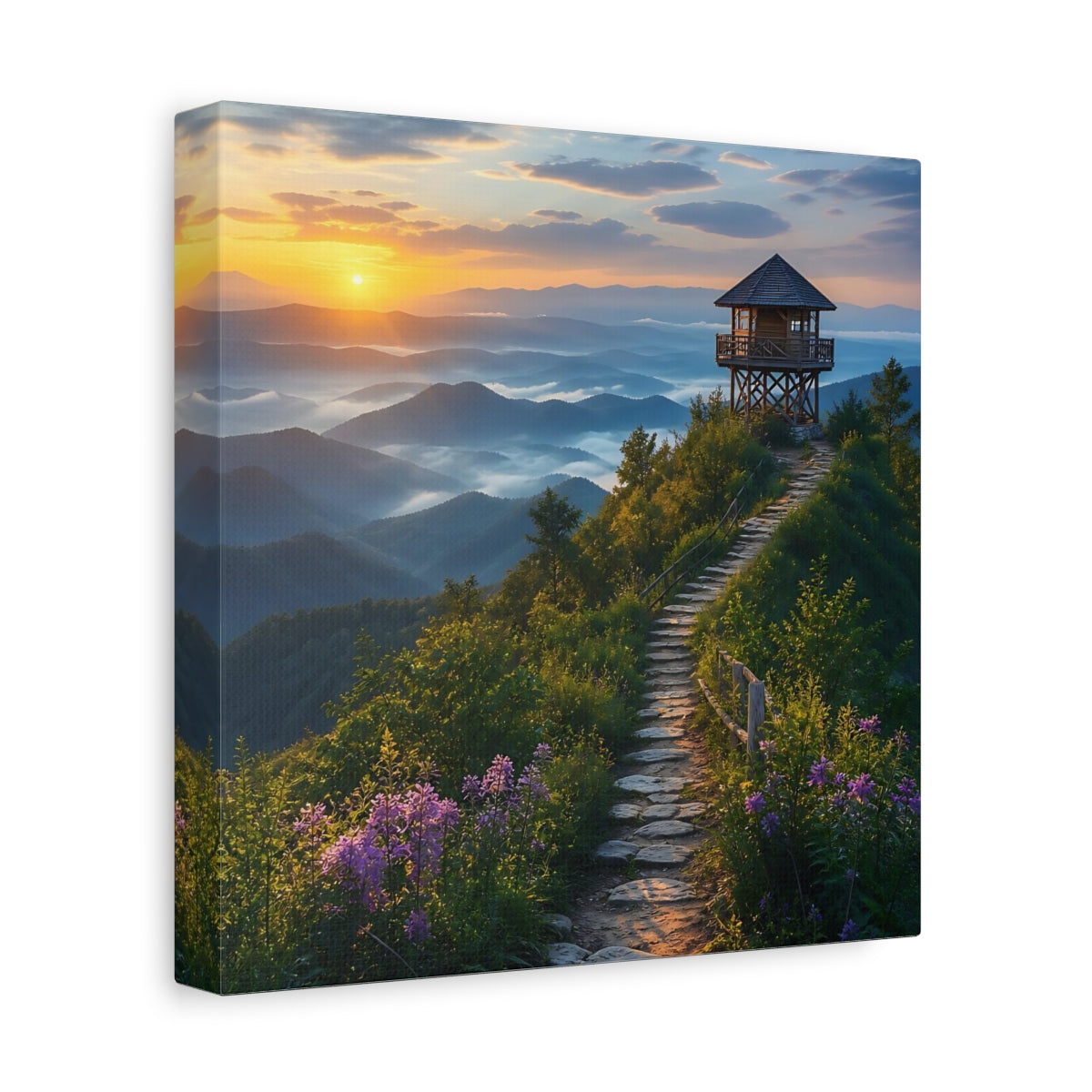 Side Mockup 9. Nature Mountain View Sunrise Mountain Path shown as stretched canvas wall art
