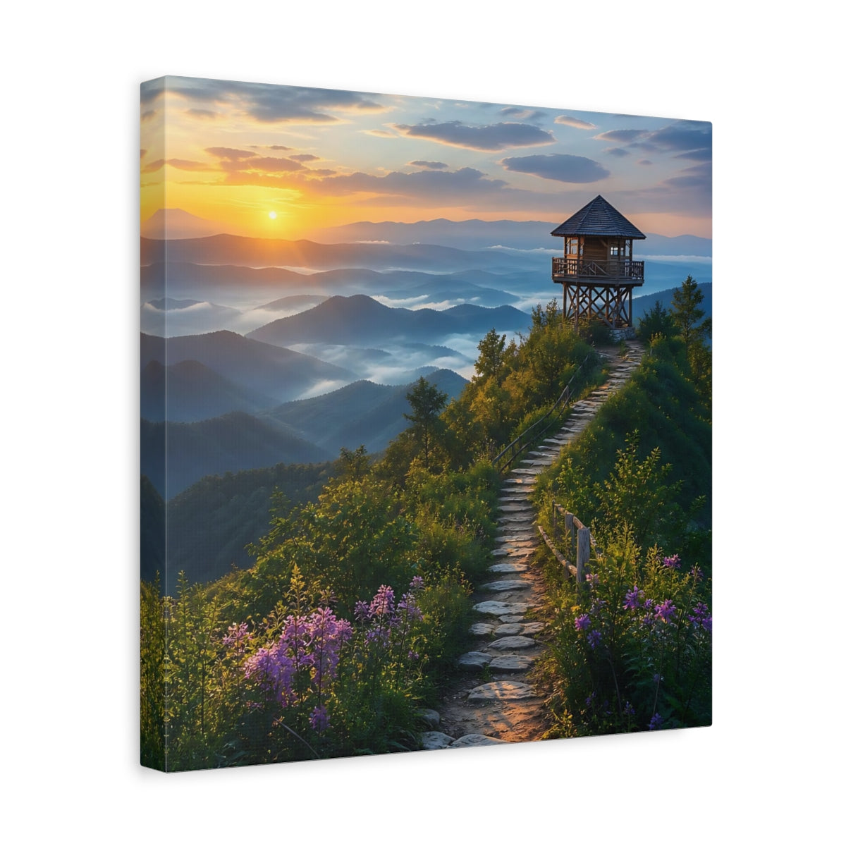 Side Mockup 7. Nature Mountain View Sunrise Mountain Path shown as stretched canvas wall art