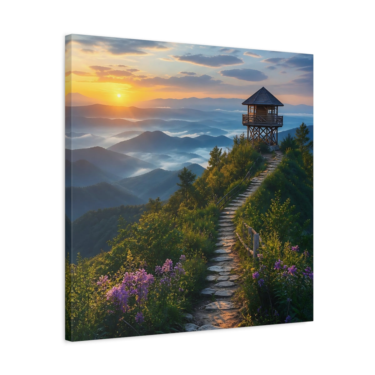 Side Mockup 4. Nature Mountain View Sunrise Mountain Path shown as stretched canvas wall art