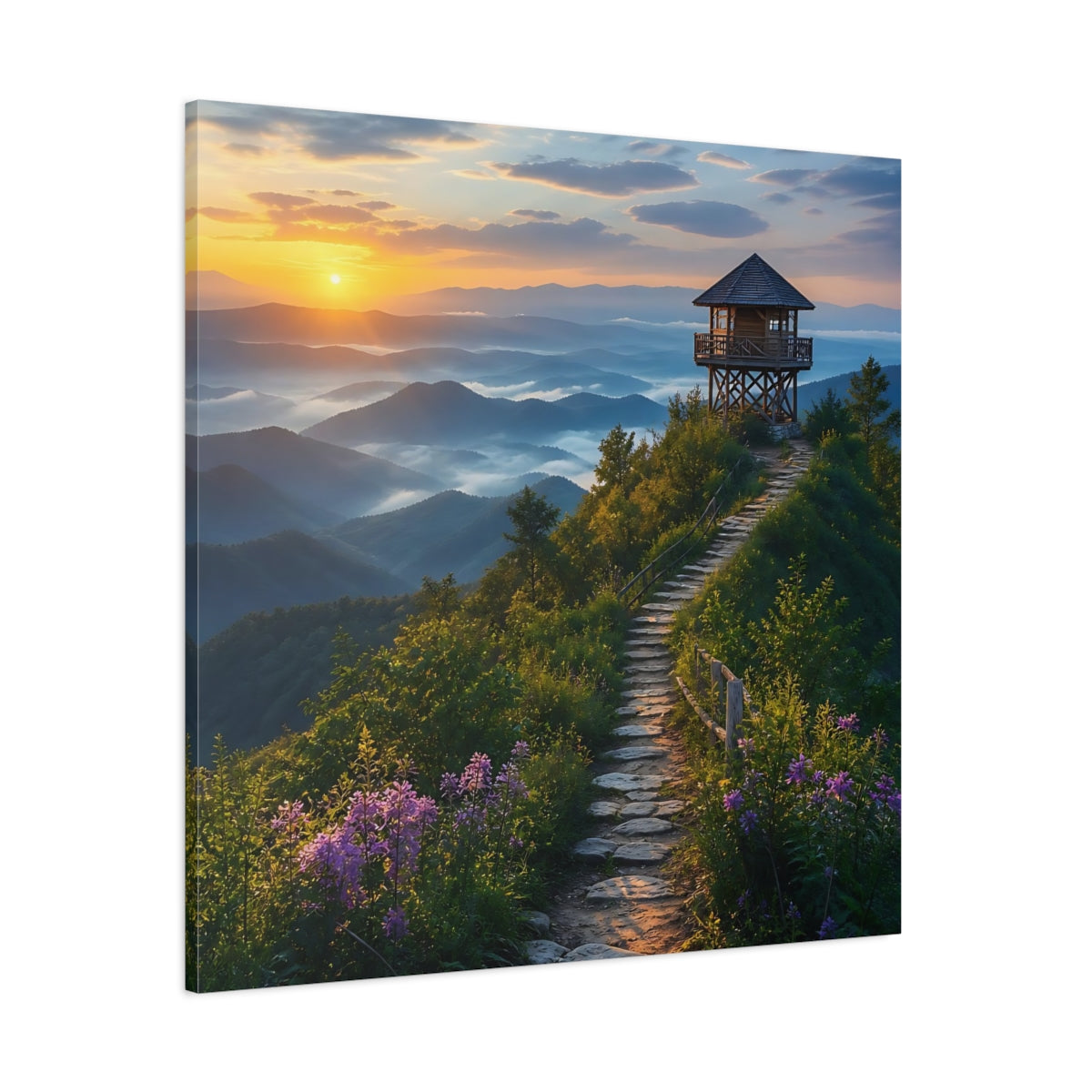 Side Mockup 1. Nature Mountain View Sunrise Mountain Path shown as stretched canvas wall art