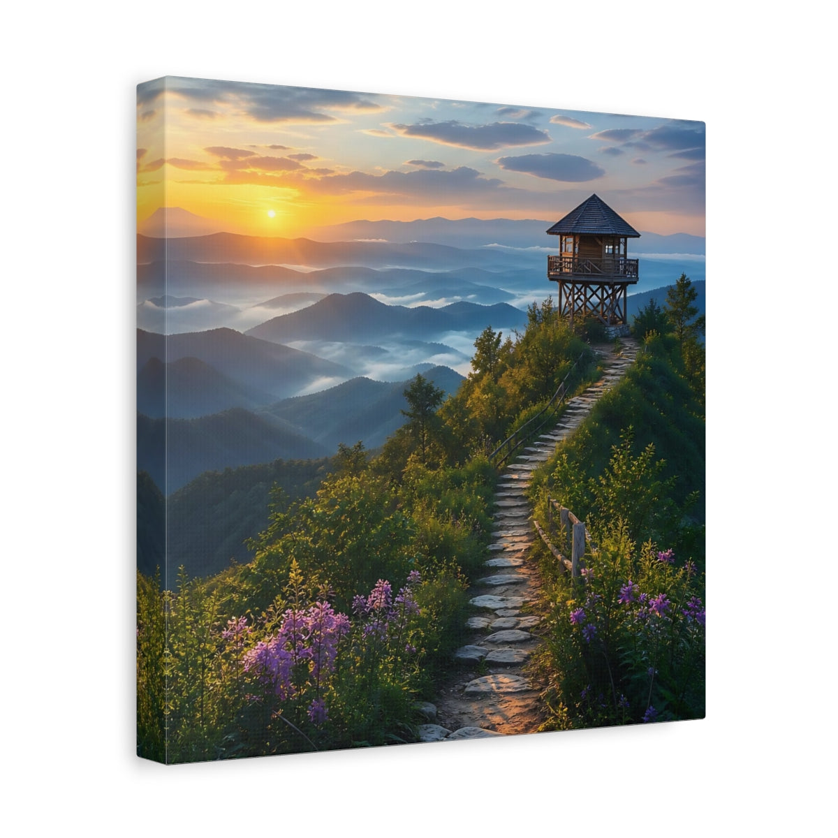 Side Mockup 8. Nature Mountain View Sunrise Mountain Path shown as stretched canvas wall art