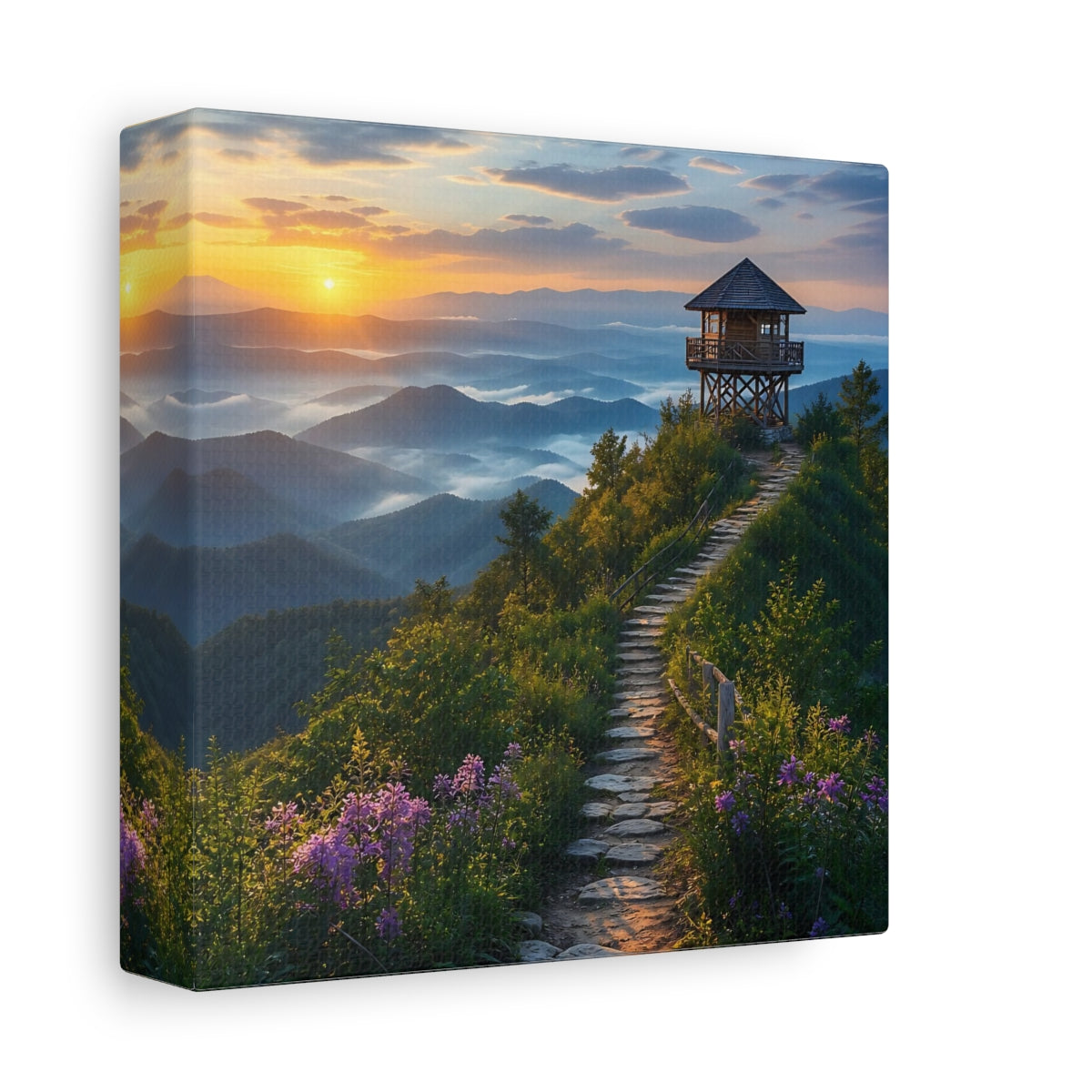 Side Mockup 2. Nature Mountain View Sunrise Mountain Path shown as stretched canvas wall art