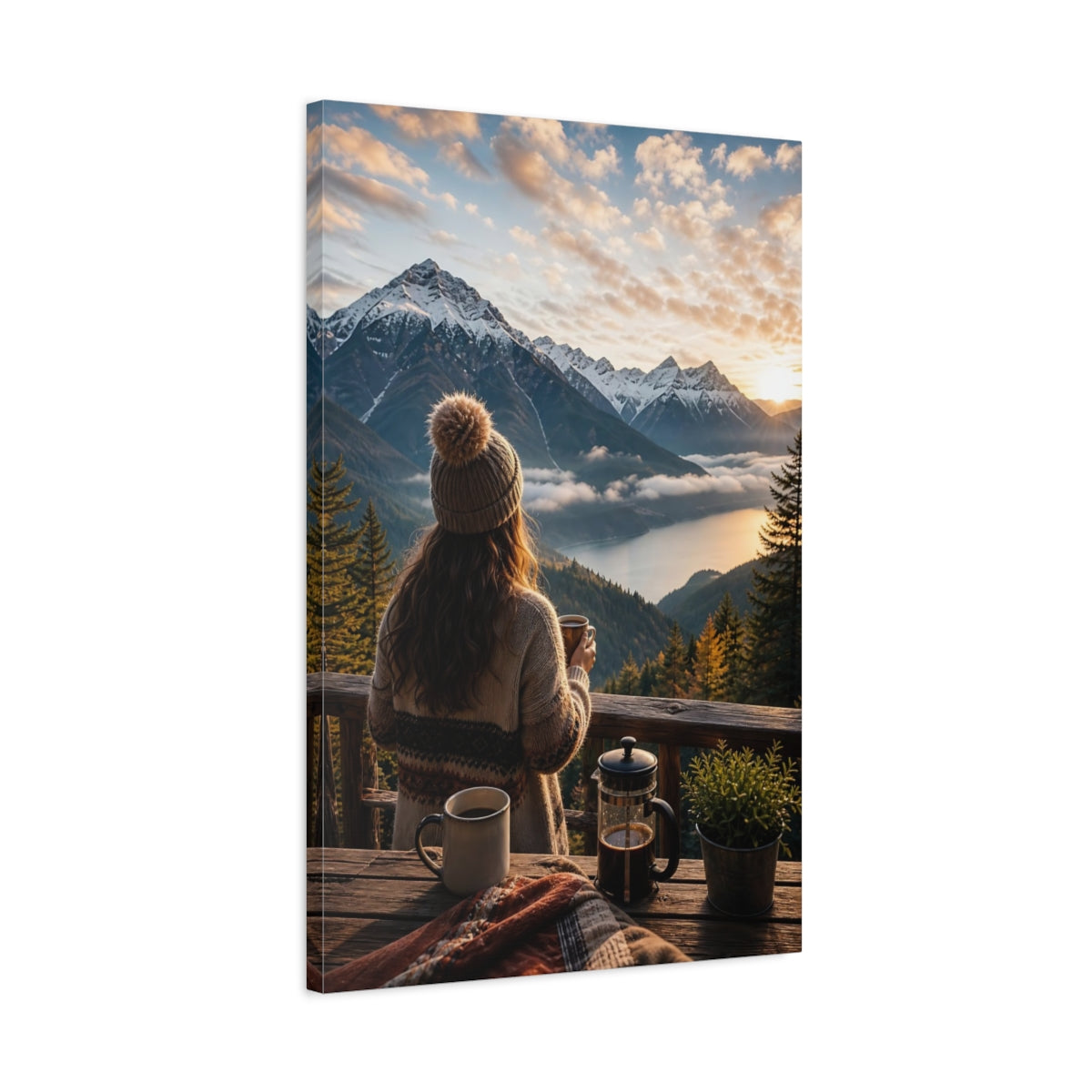 Nature Mountain Vista Lake Sunset Canvas Wall Art Print - Living Room, Above Sofa, Warm Tones shown as canvas wall art