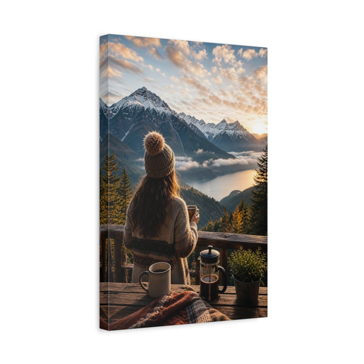 Nature Mountain Vista Lake Sunset Canvas Wall Art Print - Living Room, Above Sofa, Warm Tones shown as canvas wall art