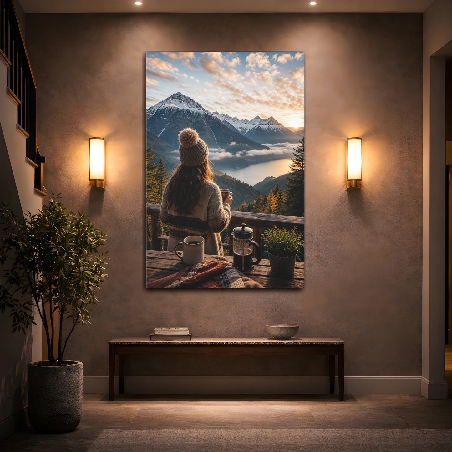 Nature Mountain Vista Lake Sunset Canvas Wall Art Print - Living Room, Above Sofa, Warm Tones shown as canvas wall art