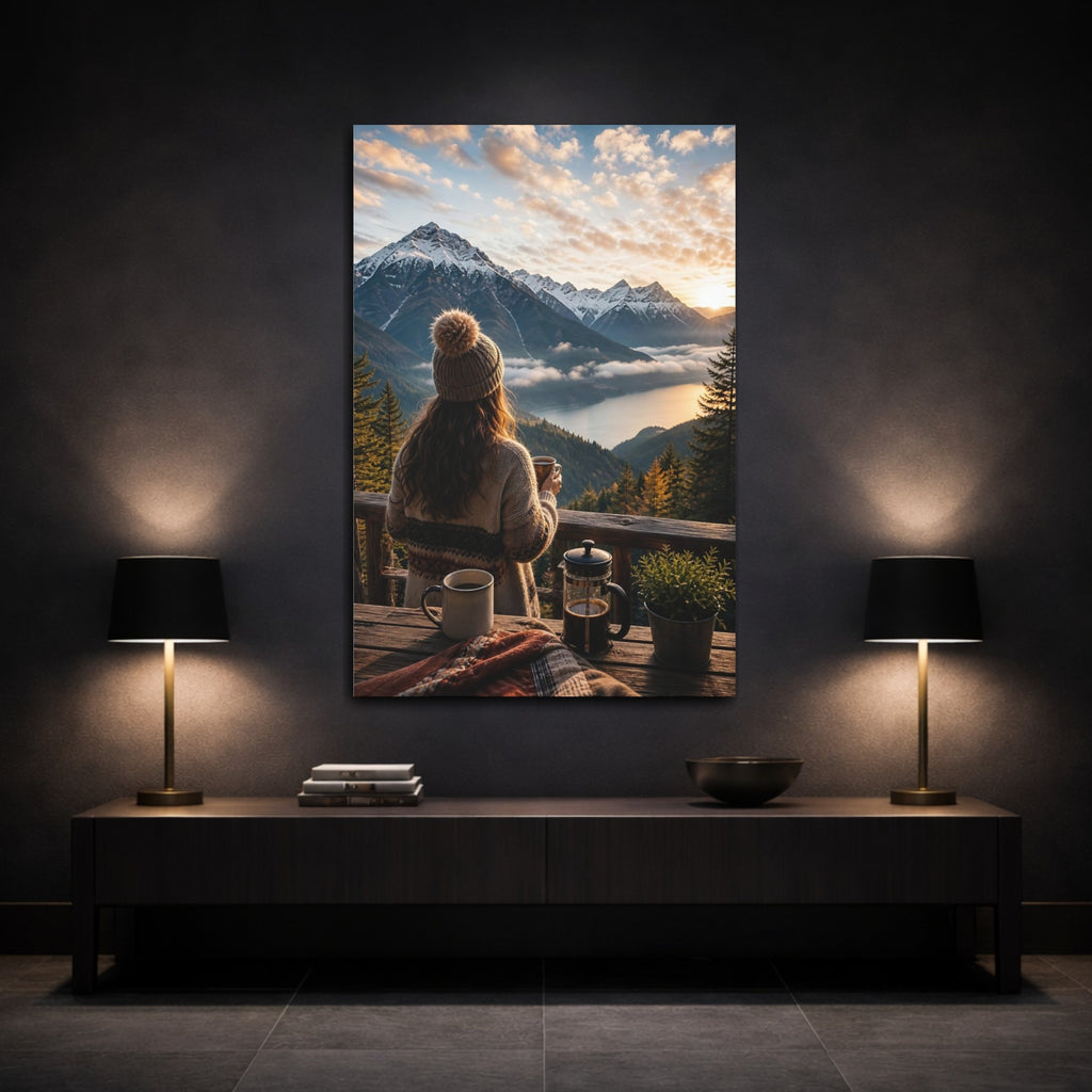 Mockup 3. Nature Mountain Vista Mountain Lake Sunset shown as stretched canvas wall art