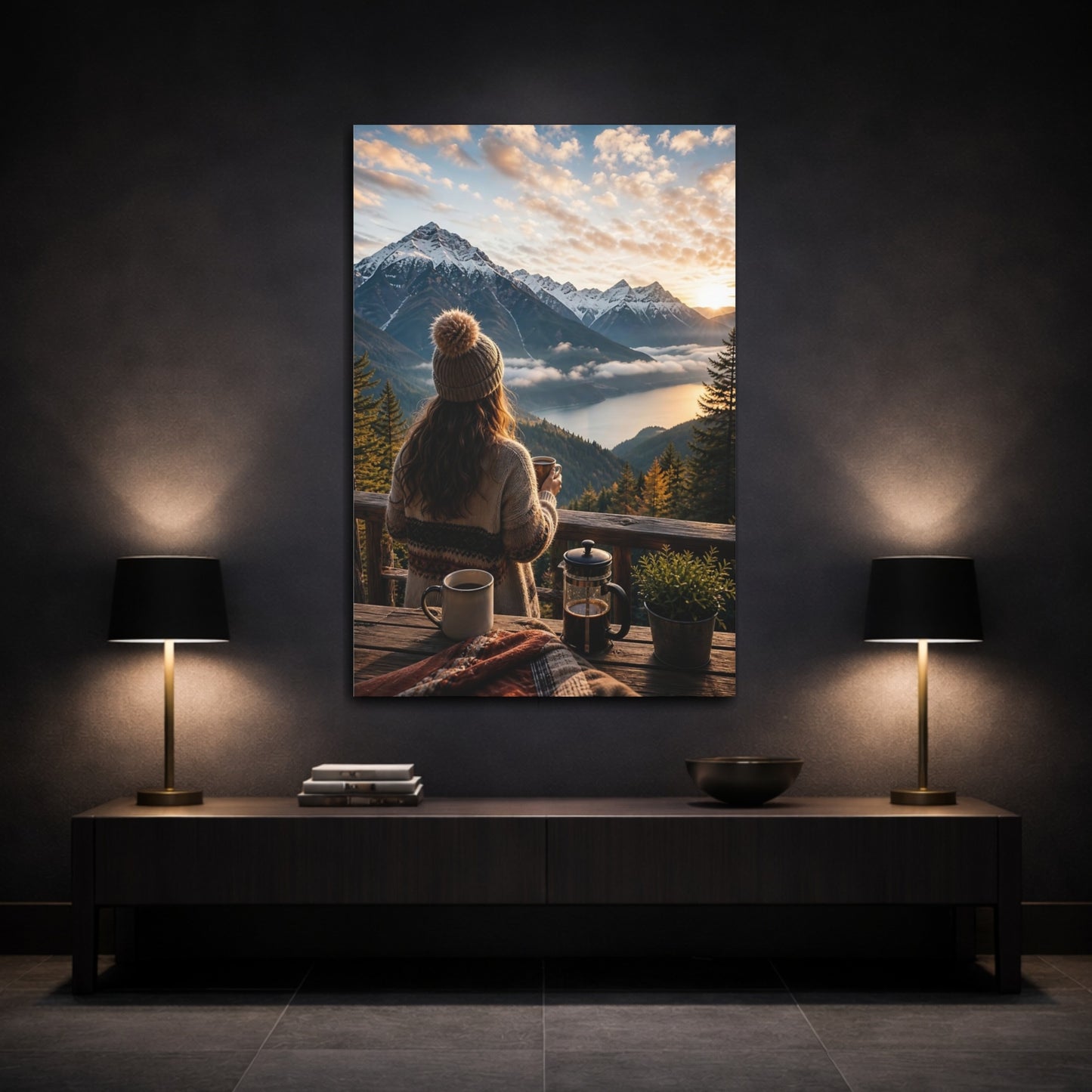 Nature Mountain Vista Lake Sunset Canvas Wall Art Print - Living Room, Above Sofa, Warm Tones shown as canvas wall art