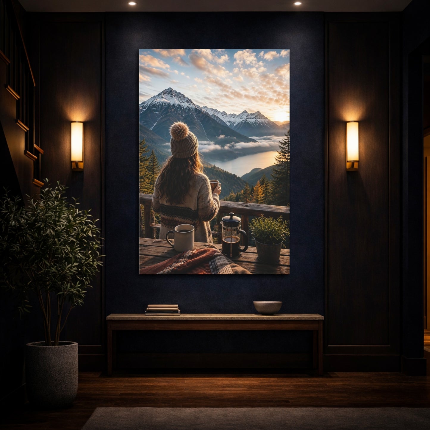 Nature Mountain Vista Lake Sunset Canvas Wall Art Print - Living Room, Above Sofa, Warm Tones shown as canvas wall art
