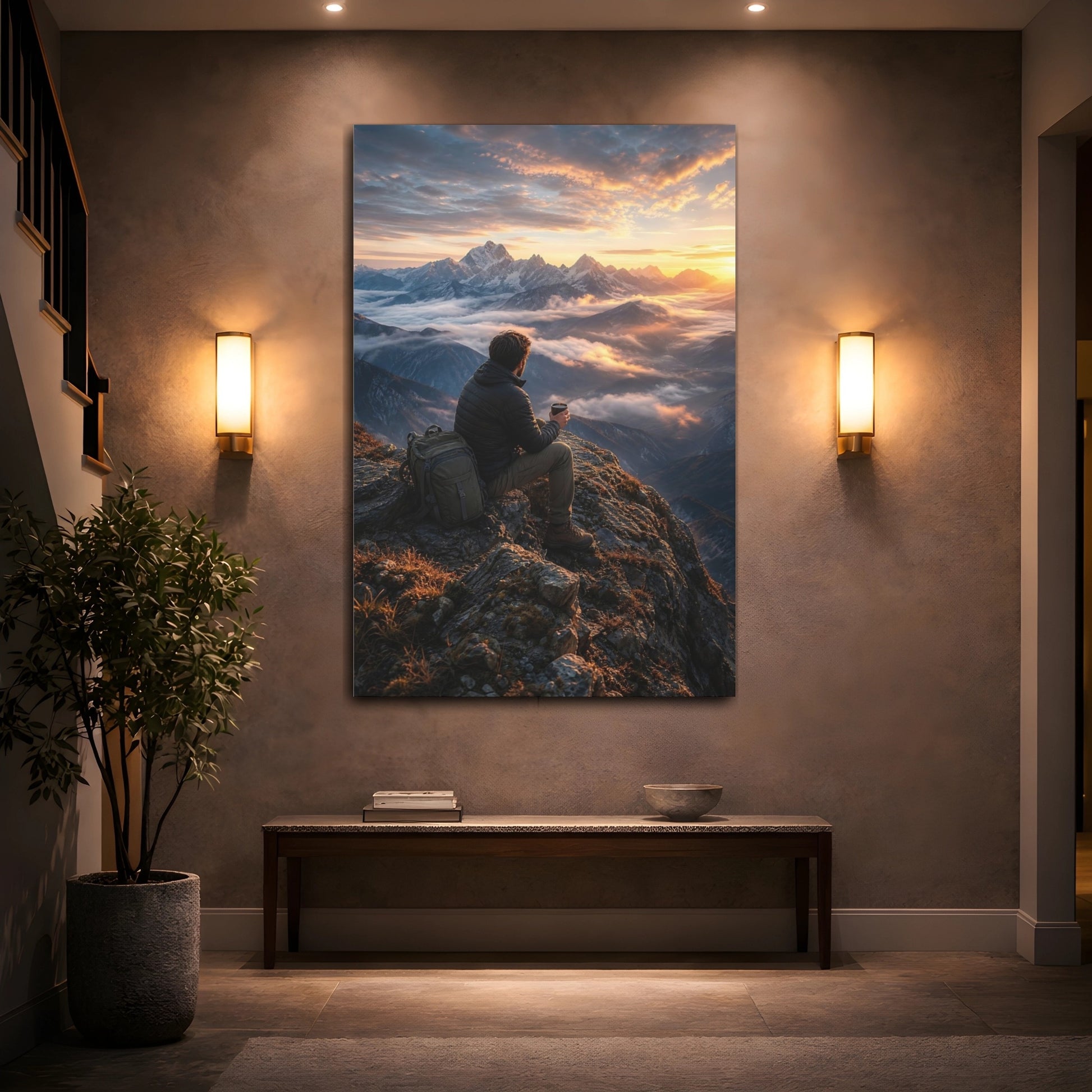 Nature Mountain Vista Sunset Canvas Wall Art Print - Living Room Above Console Table Warm Tones shown as canvas wall art