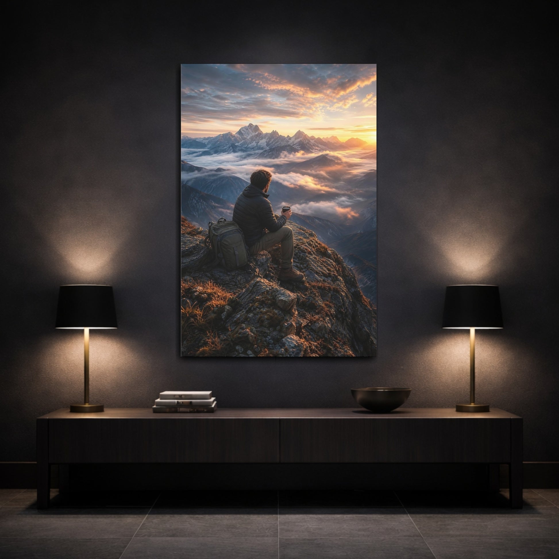 Nature Mountain Vista Sunset Canvas Wall Art Print - Living Room Above Console Table Warm Tones shown as canvas wall art