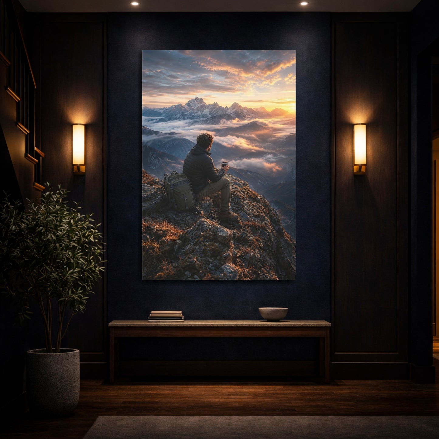 Nature Mountain Vista Sunset Canvas Wall Art Print - Living Room Above Console Table Warm Tones shown as canvas wall art