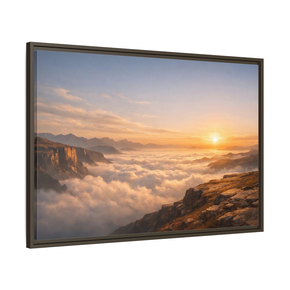 Main Mockup. Nature Mountain Vista Orange Blue Landscape shown as stretched canvas wall art