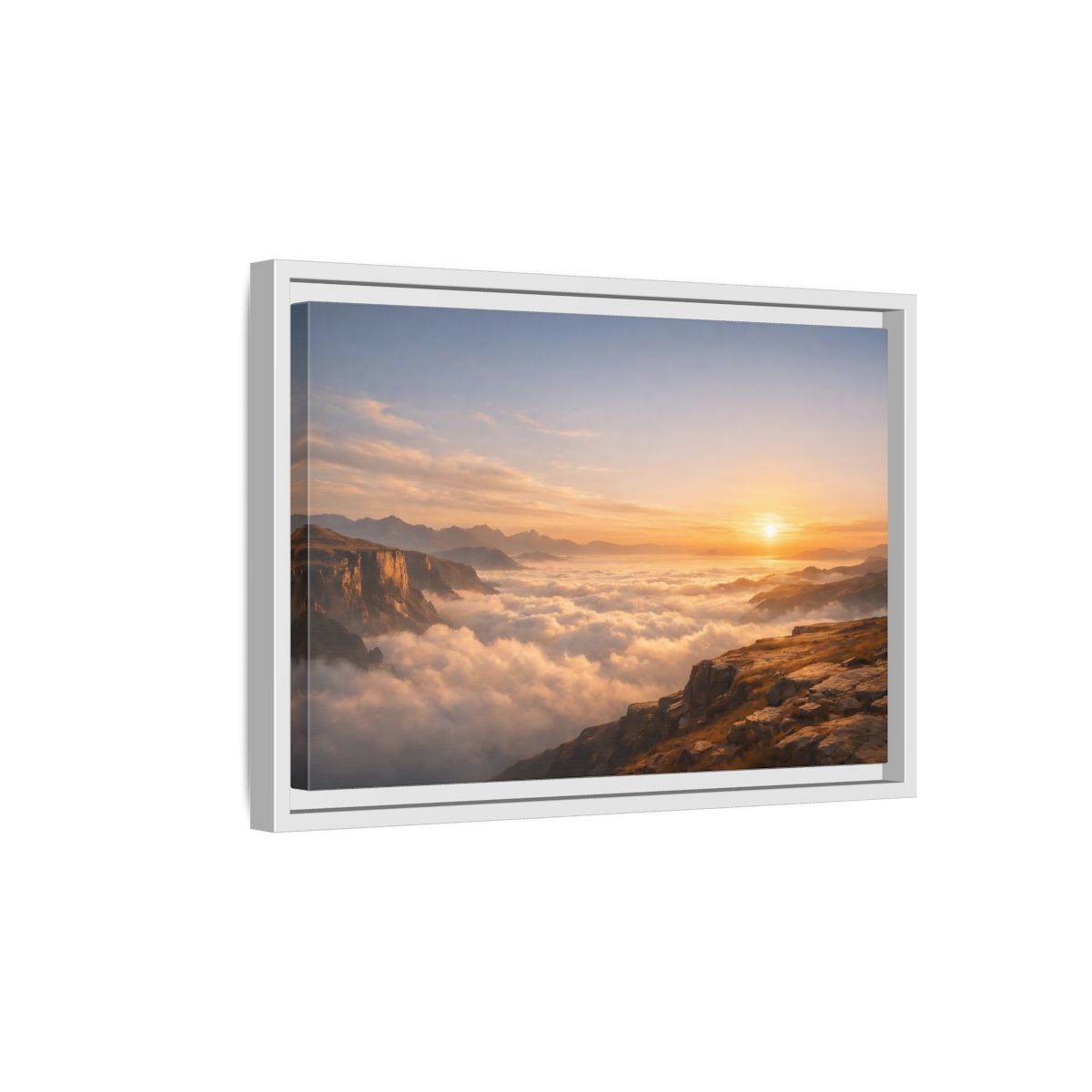 Side Mockup 4. Nature Mountain Vista Orange Blue Landscape shown as stretched canvas wall art