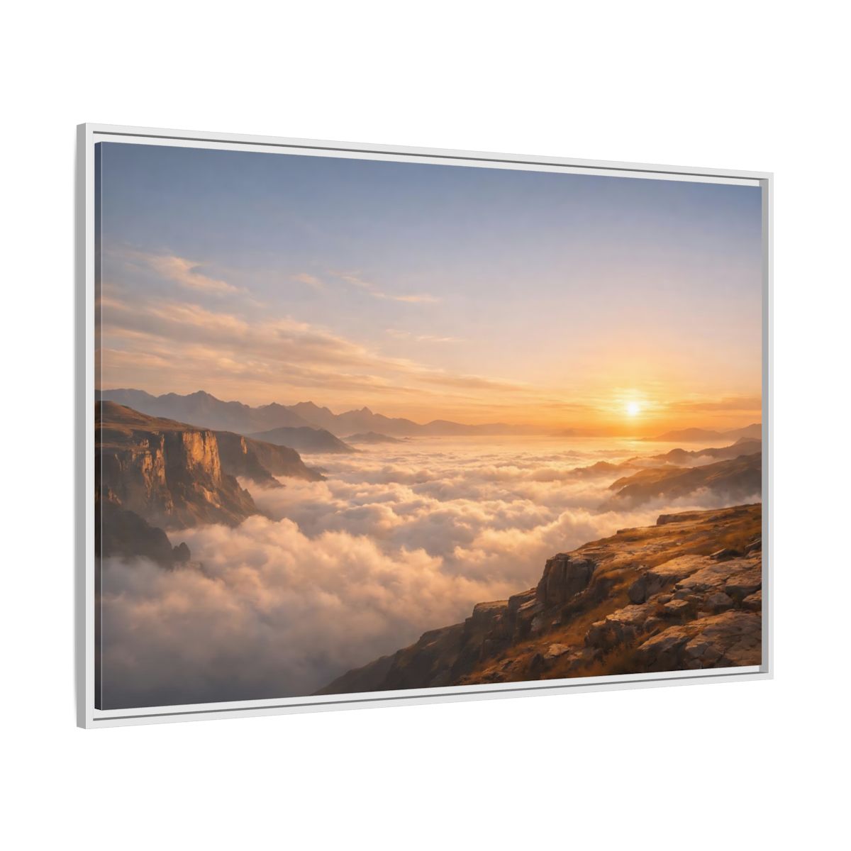 Side Mockup 7. Nature Mountain Vista Orange Blue Landscape shown as stretched canvas wall art