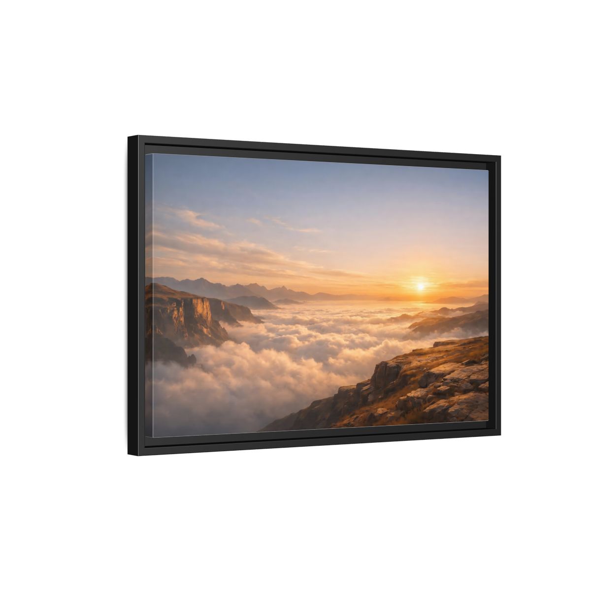 Side Mockup 3. Nature Mountain Vista Orange Blue Landscape shown as stretched canvas wall art